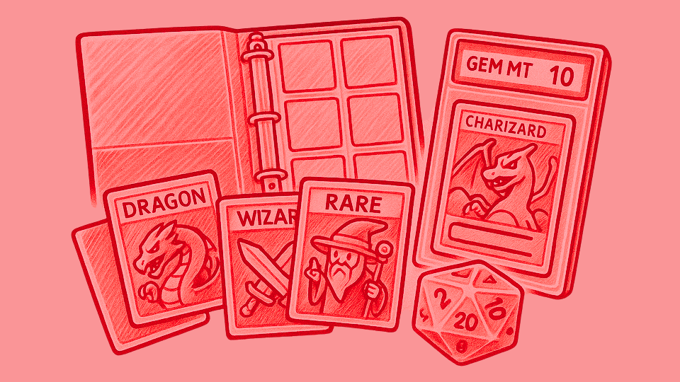 {"default":"Illustration of trading card binder, graded Charizard card, fantasy-themed cards labelled Dragon, Wizard and Rare, plus red 20-sided die"}

