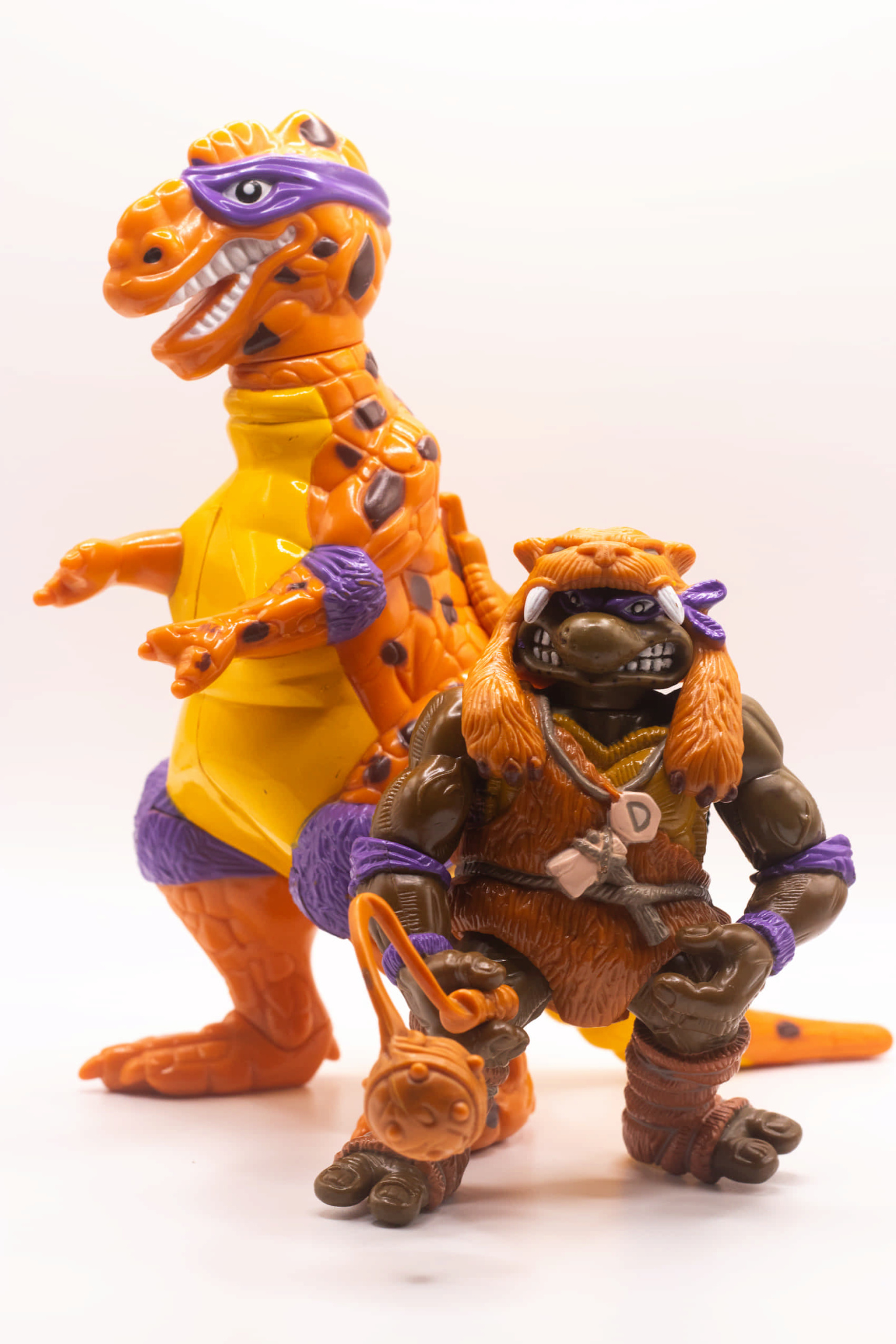 Face-on shot of Vintage Cave-Turtle Don action figure holding Mesozoic Mace, with Trippy Tyrannosaurus beside him