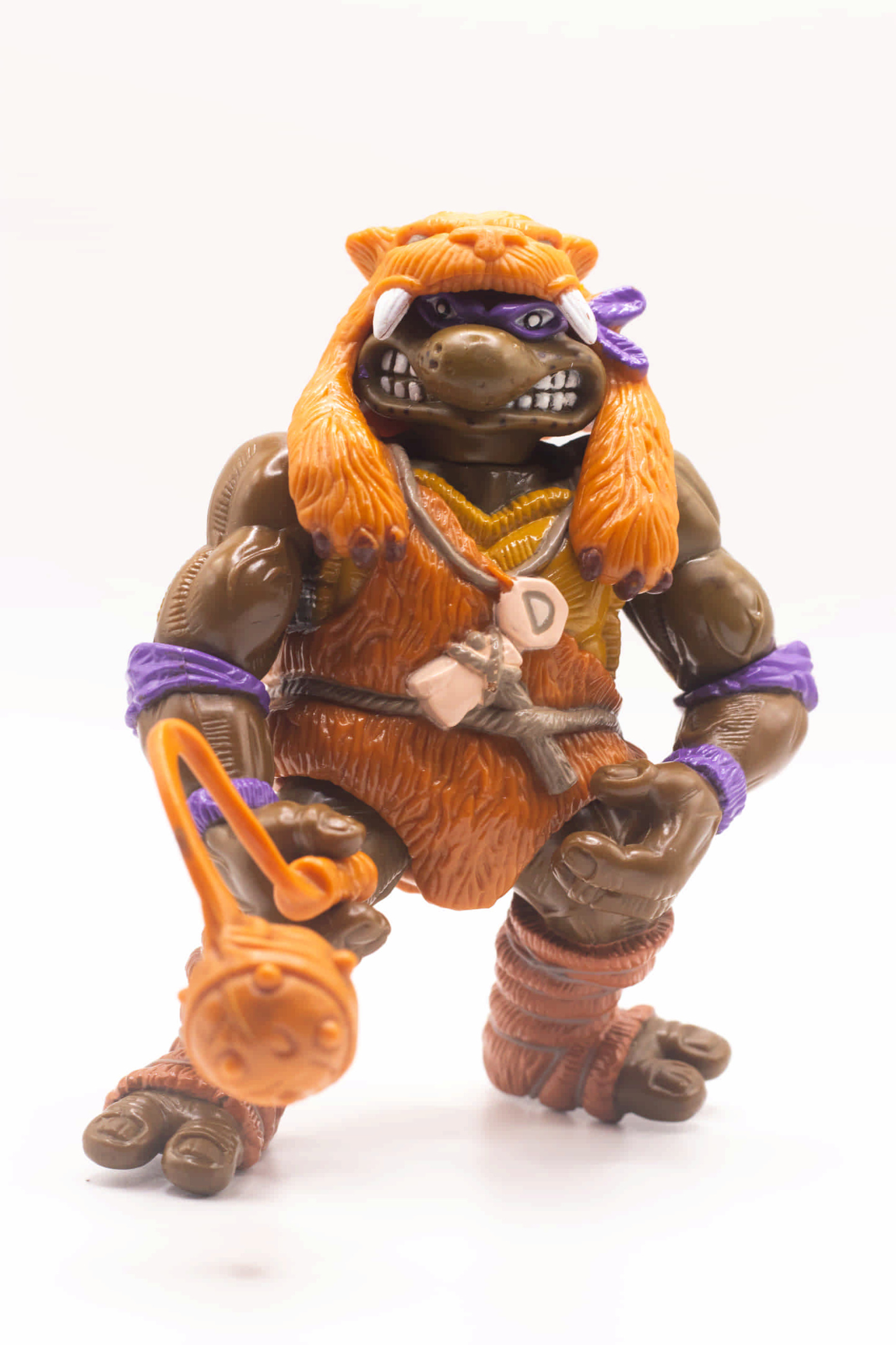 Front-facing shot of Cave-Turtle Don action figure holding Mesozoic Mace with D pendant visible