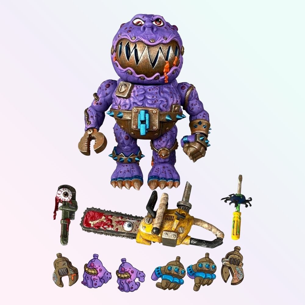Clang Fang action figure with complete accessory set including chainsaw, screwdriver with beetle, eyeball wrench and swappable hands