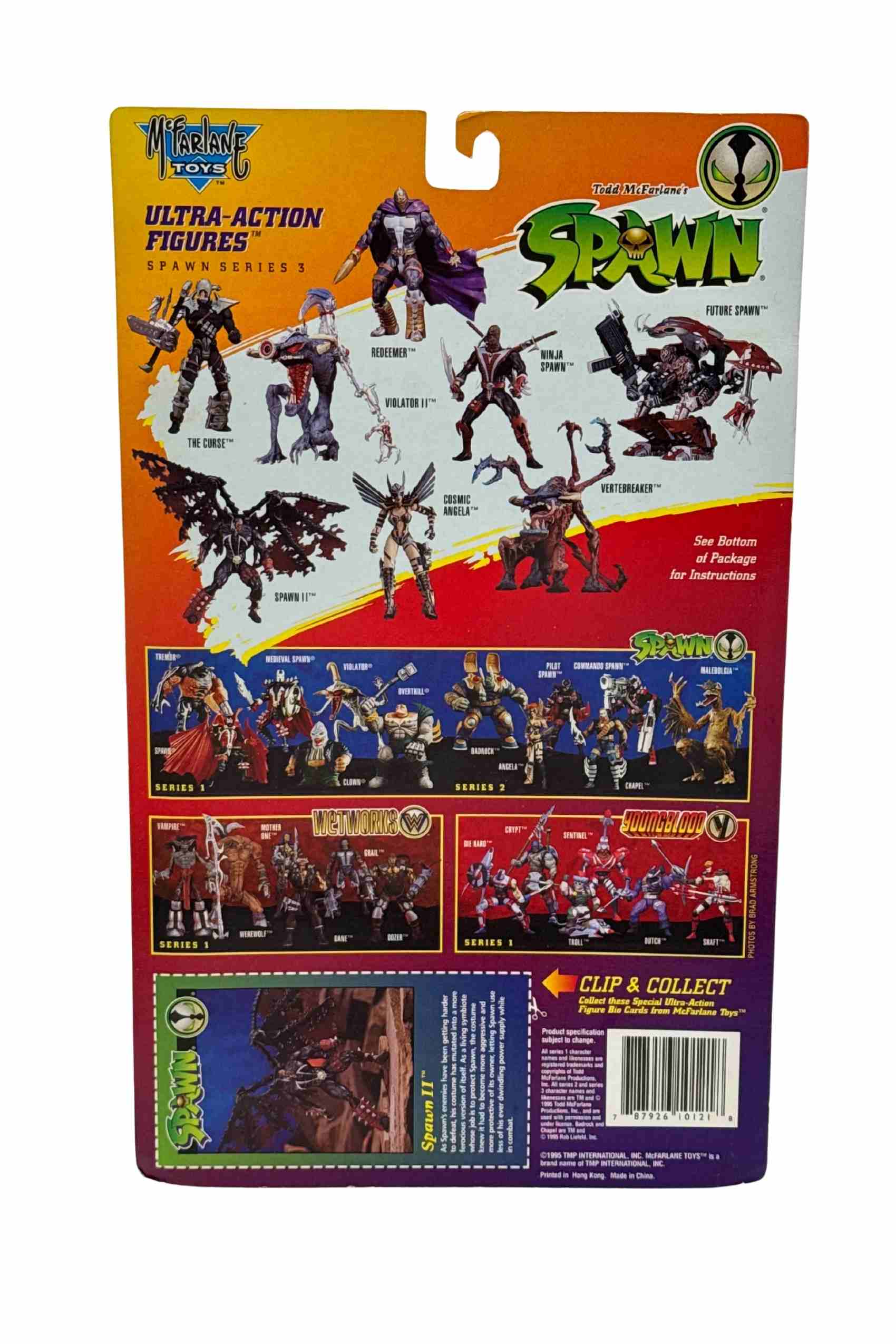 Rear card shot of Spawn II action figure packaging showing Series 3 Ultra-Action figure lineup and clip and collect bio card