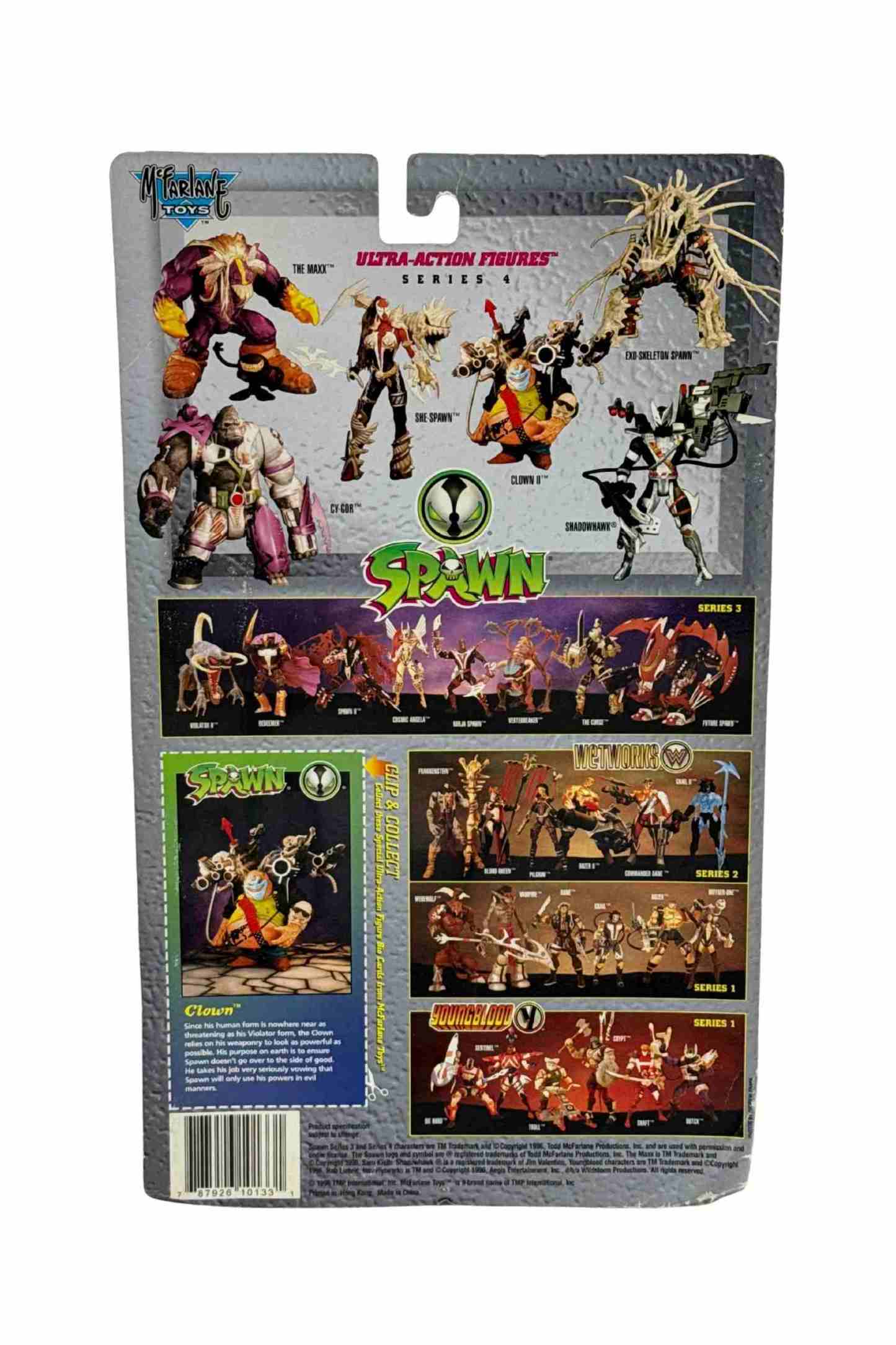 Rear view of Clown II Spawn Series 4 action figure card back displaying figure lineup, artwork series checklist and character bio