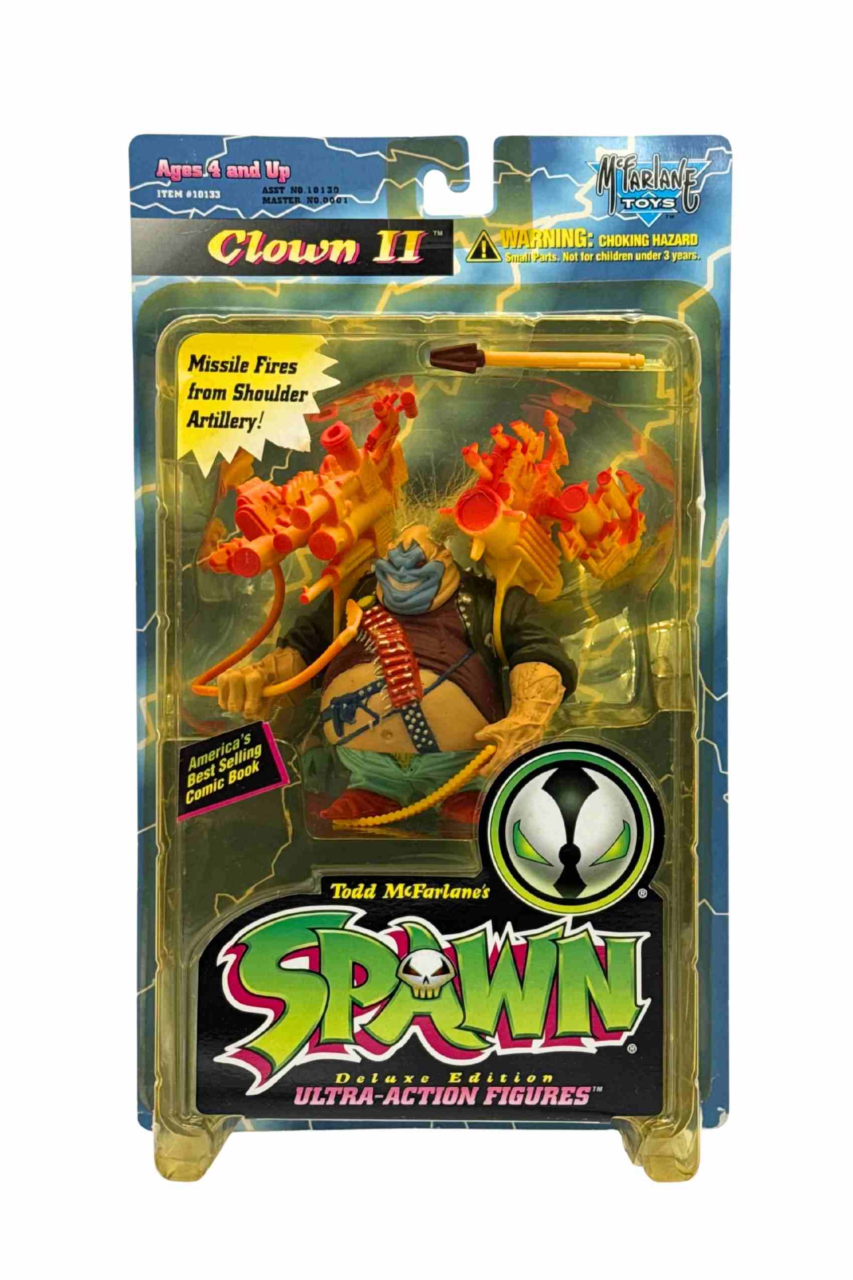 Front view of Clown II Spawn Series 4 action figure sealed on blister card with orange shoulder artillery and missile accessory