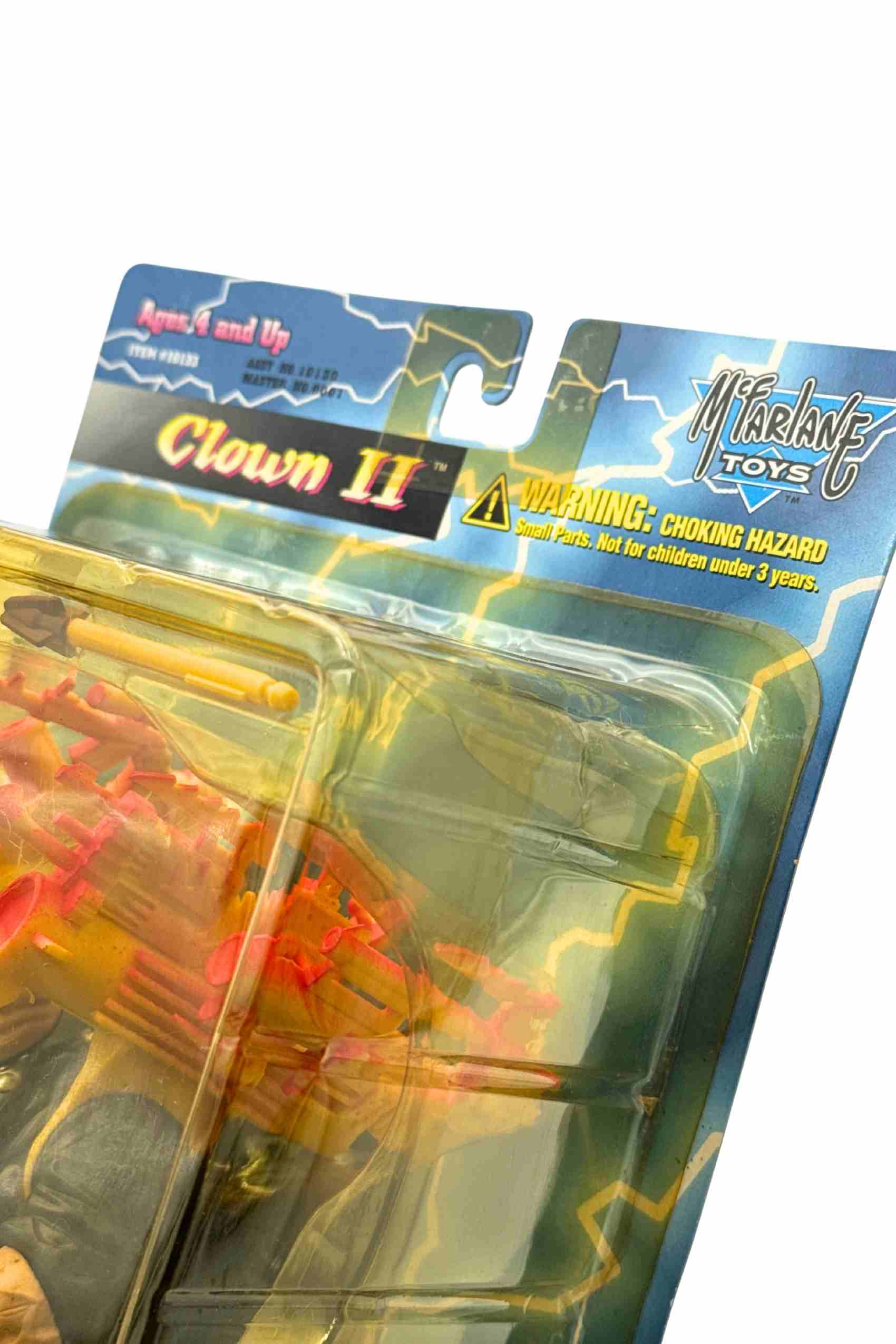Close-up of Clown II Spawn Series 4 action figure header card with McFarlane Toys logo and blister yellowing