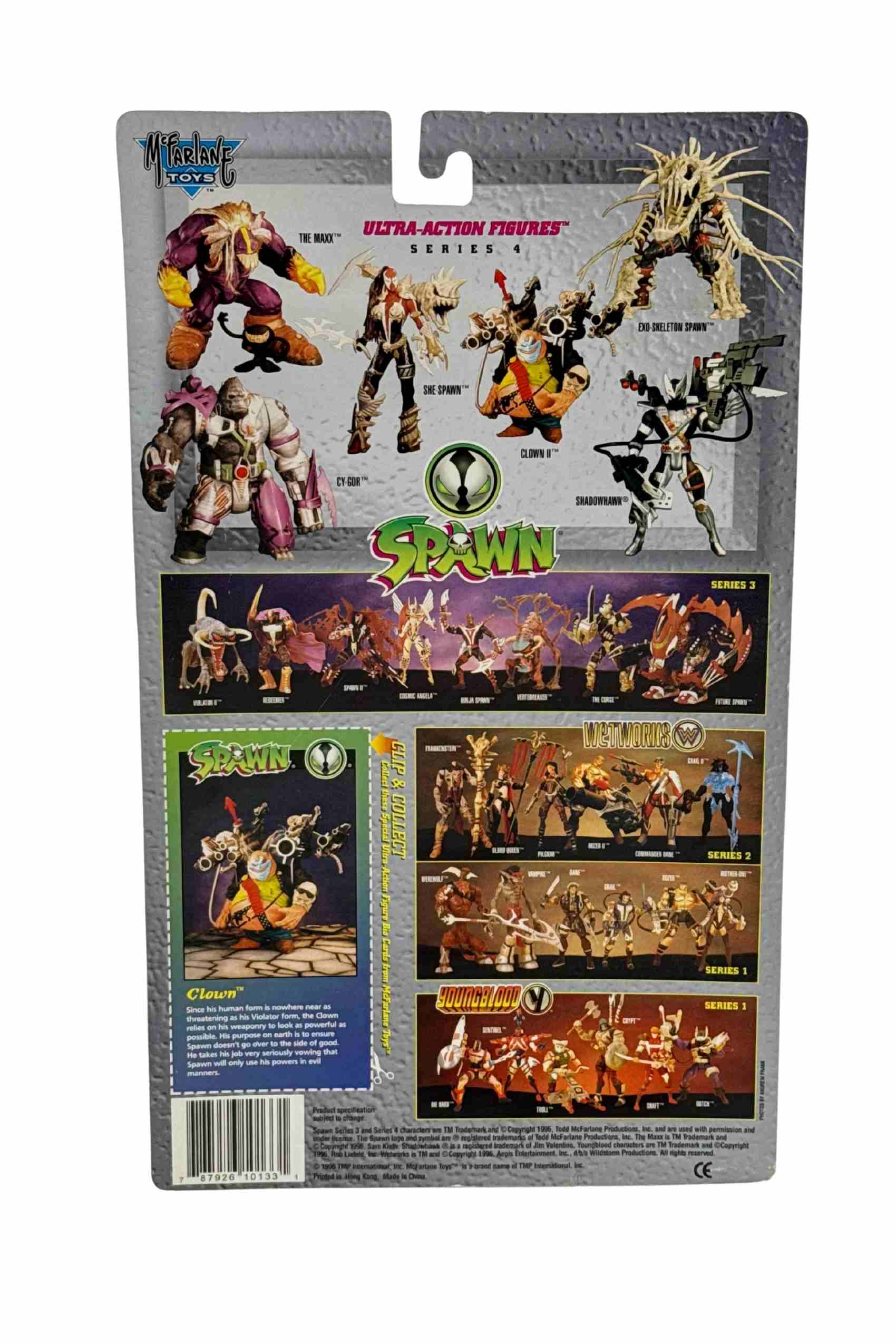 Rear view of Clown II Spawn Series 4 action figure card back displaying figure lineup, artwork series checklist and character bio