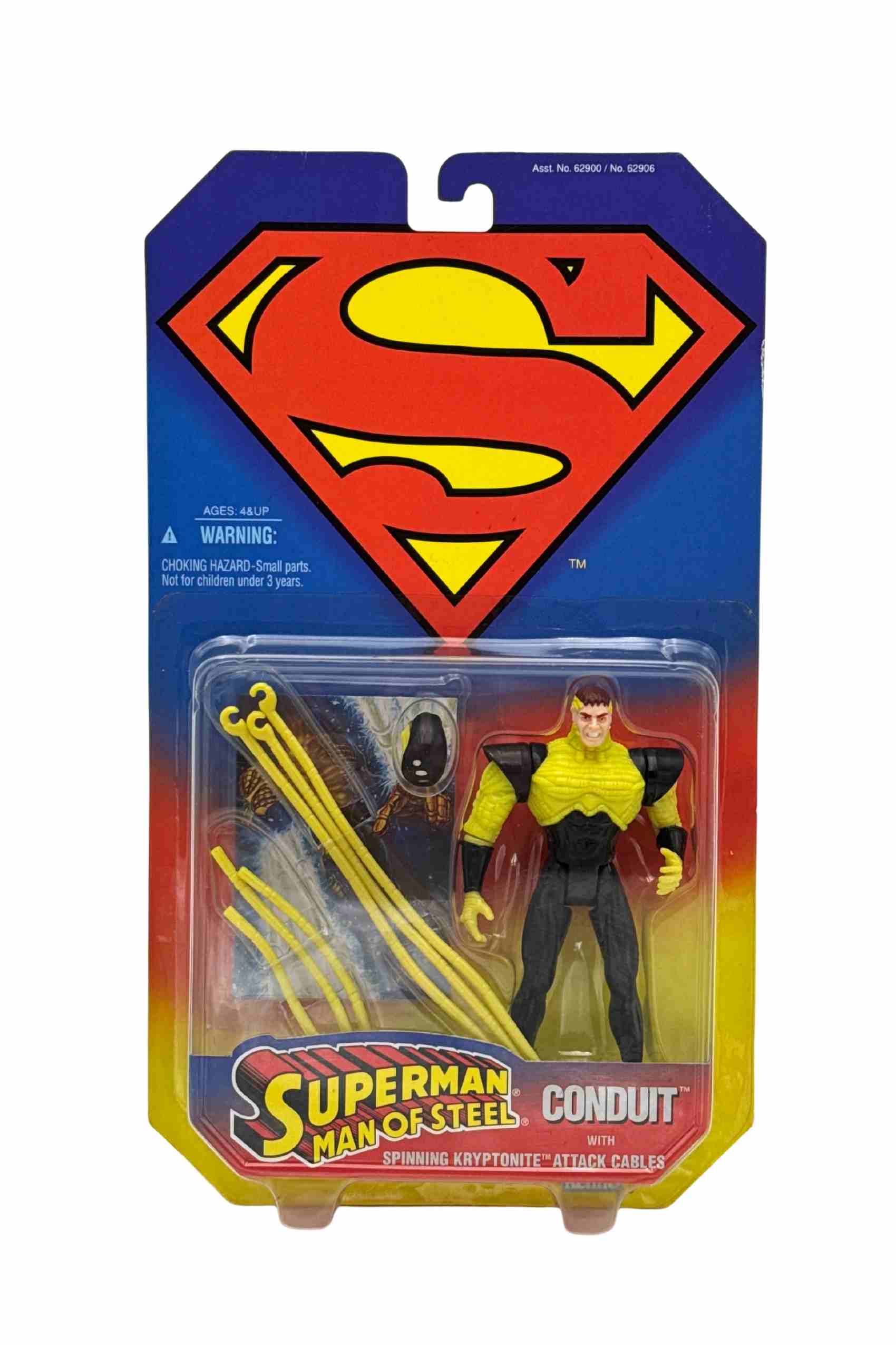 Front carded shot of Conduit action figure in yellow and black suit with spinning kryptonite attack cables accessory in blister packaging