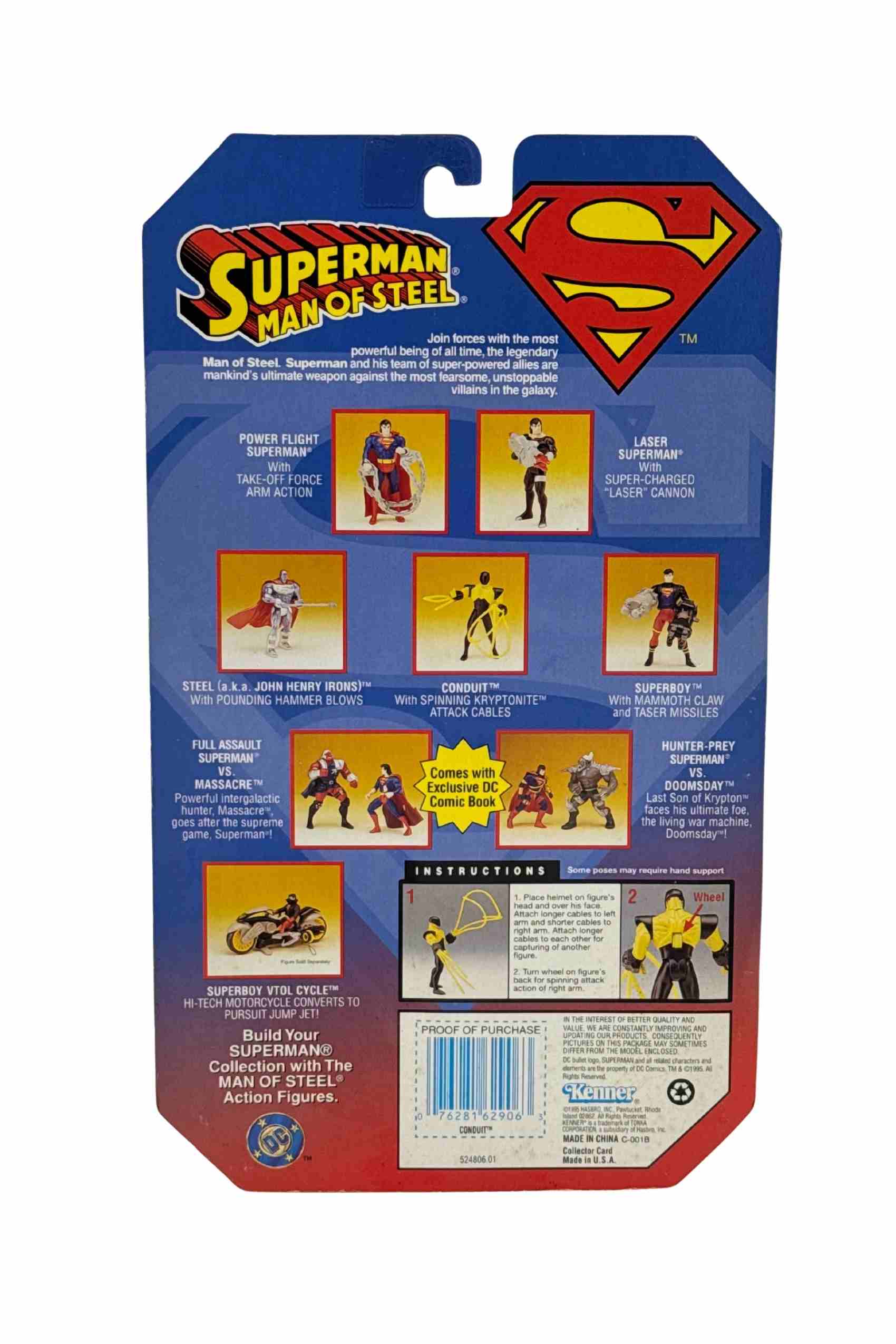 Rear packaging shot of Conduit action figure showing Superman Man of Steel lineup including Steel, Superboy, Laser Superman and Hunter Prey Superman