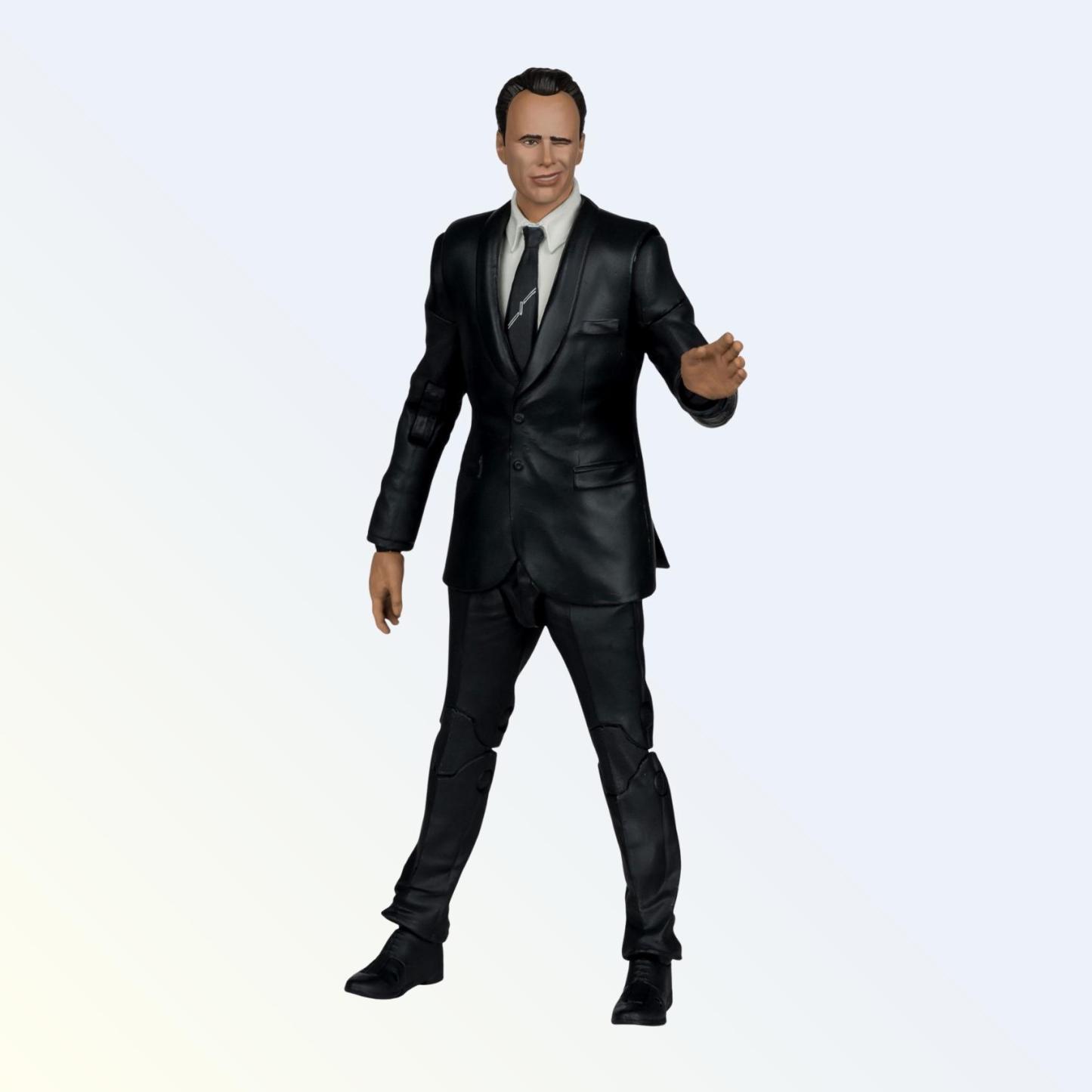 Full-body shot of Fallout's Cooper Howard action figure in black suit