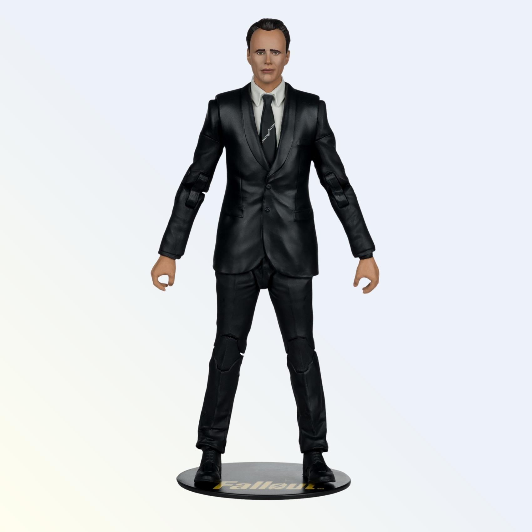 Front view of Fallout's Cooper Howard action figure standing on display base