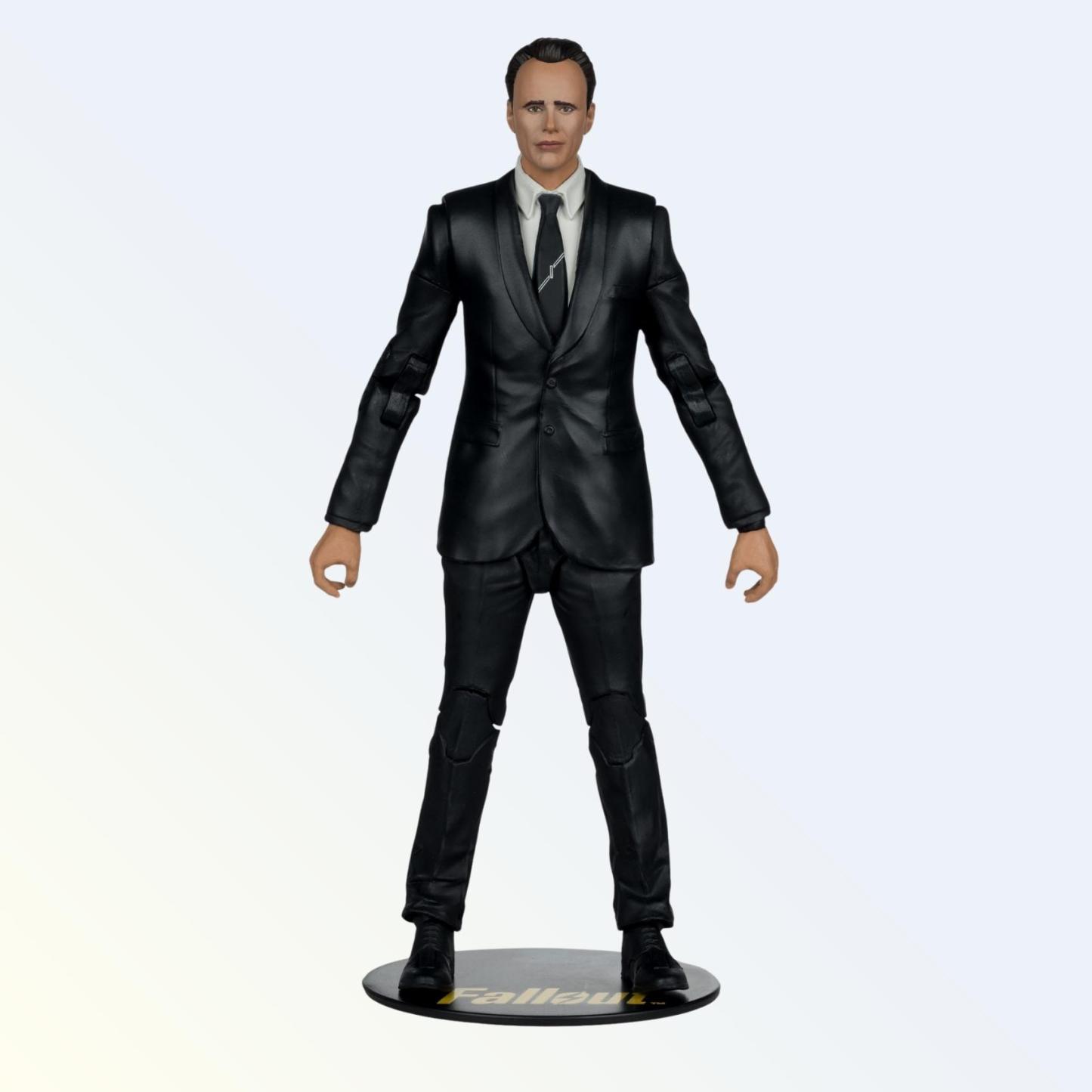 Front view of Fallout's Cooper Howard action figure standing on display base