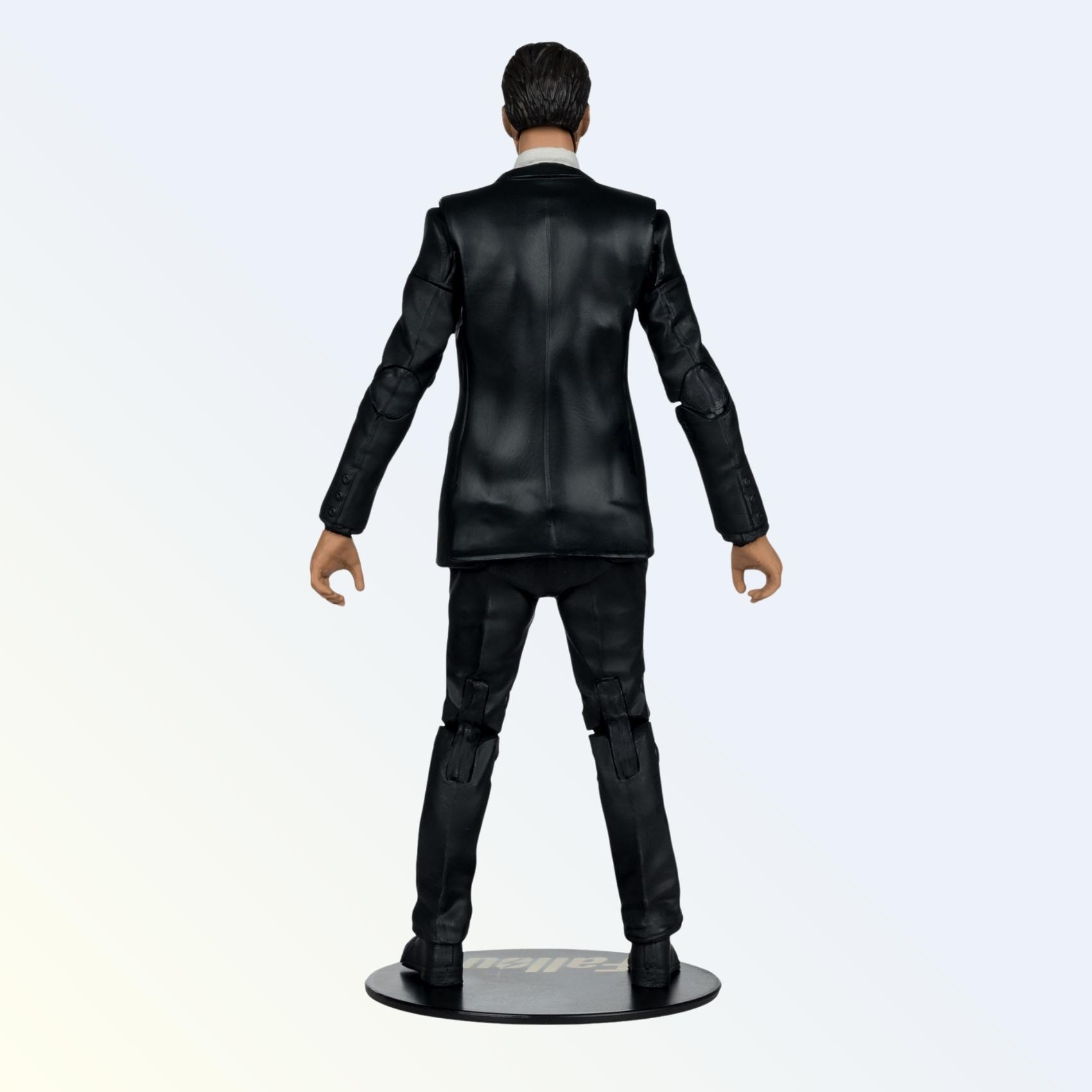Rear view of Fallout's Cooper Howard action figure showing suit detailing