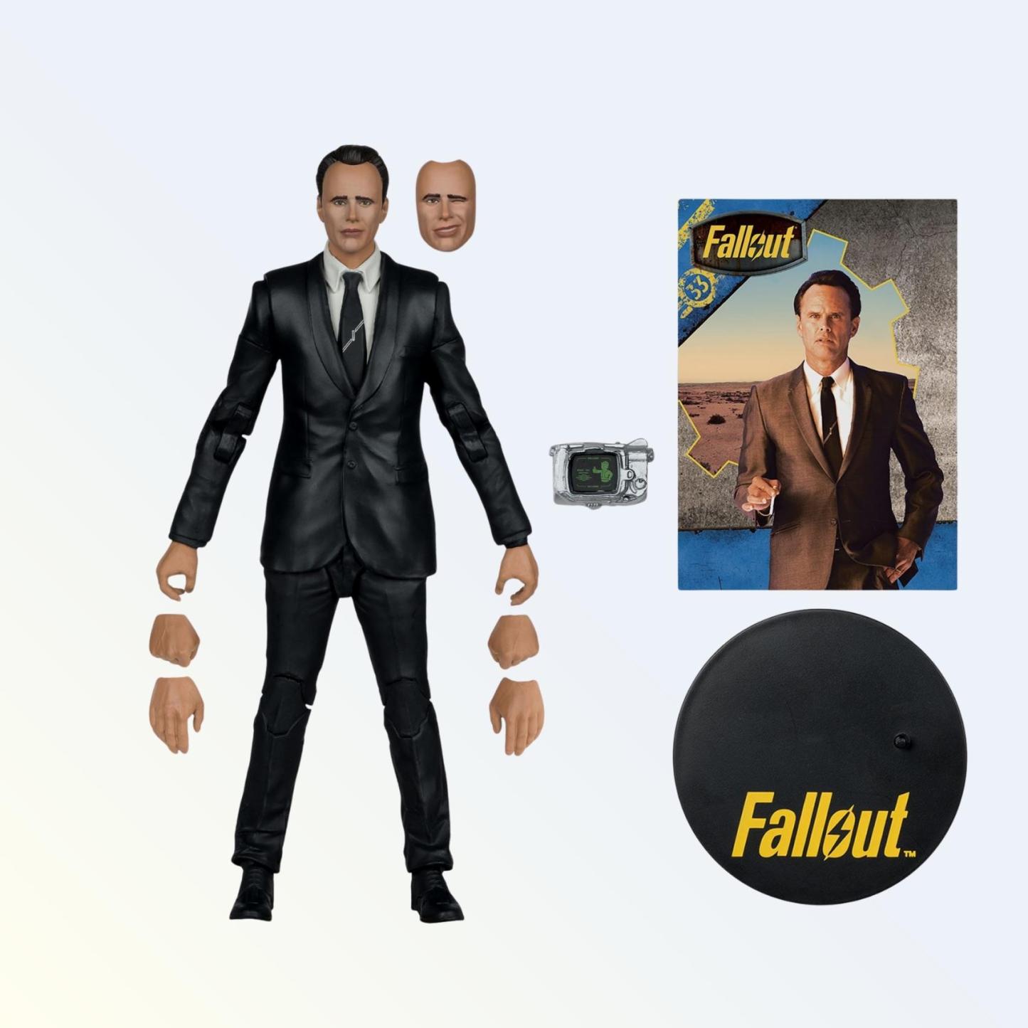 Cooper Howard action figure with alternate faceplate, hands, Pip-Boy and display base arranged beside him