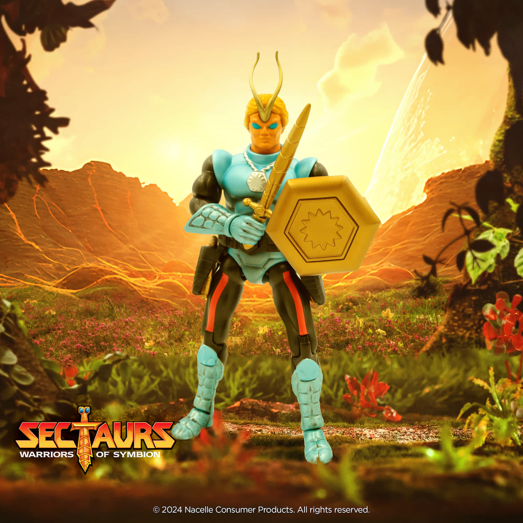 Nacelle Sectaurs Wave 1 Dargon 7-inch action figure displayed against a scenic backdrop of the planet Symbion
