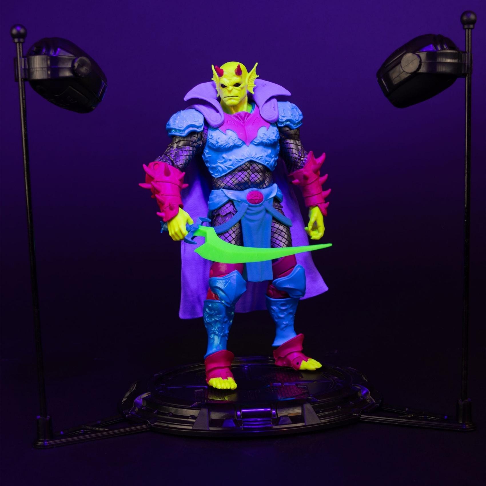 Full figure display shot of Demon Knights Black Light Edition The Demon action figure on display base with black light stands