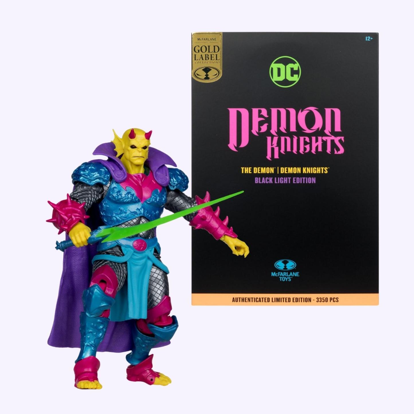 Angled front shot of Demon Knights Black Light Edition The Demon action figure posed beside Gold Label Demon Knights box