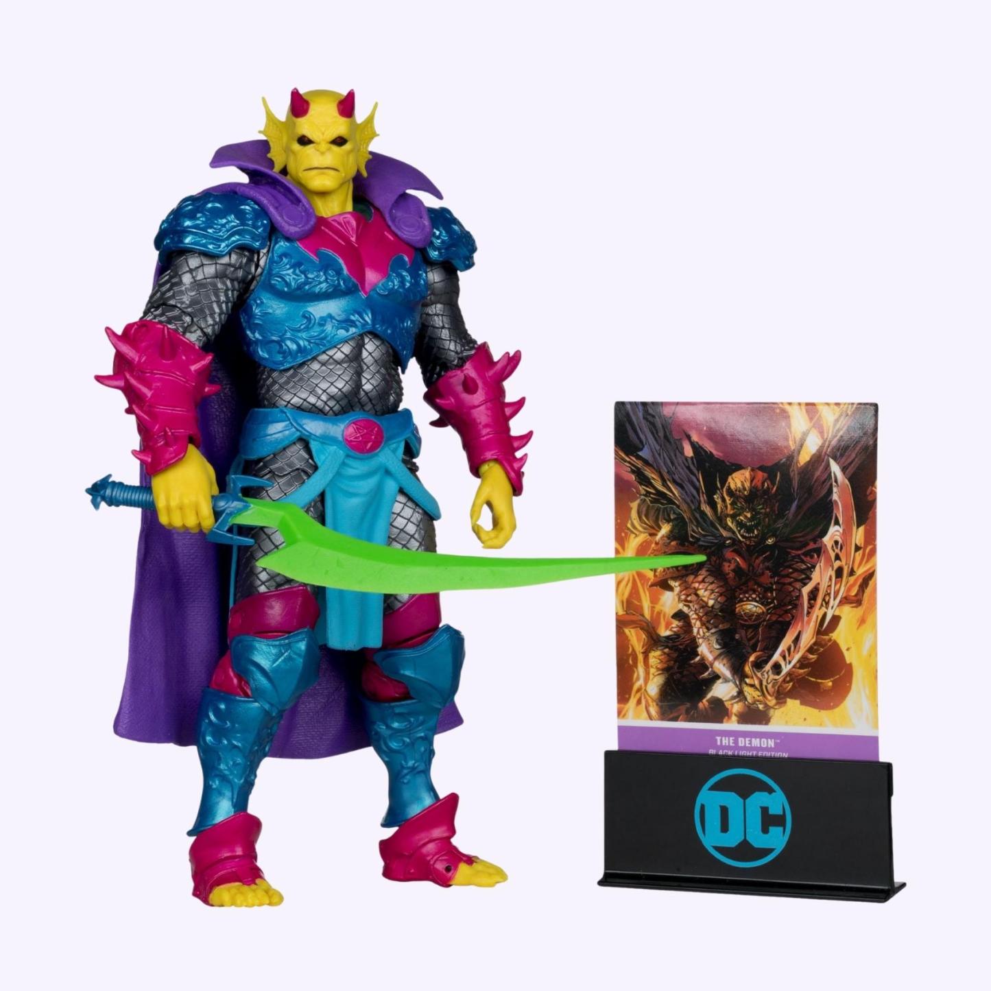 Front view shot of Demon Knights Black Light Edition The Demon action figure with glowing green sword and character art card