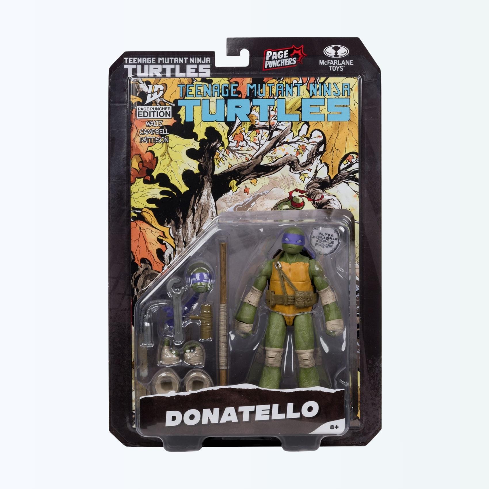 Blister card packaging shot of Donatello action figure with accessories and comic