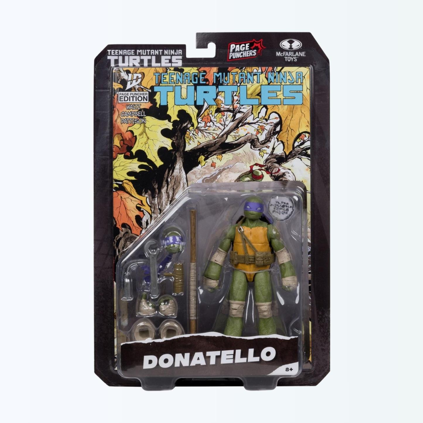 Blister card packaging shot of Donatello action figure with accessories and comic