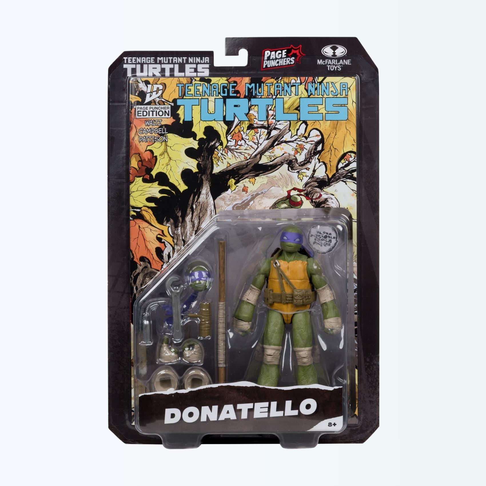 Blister card packaging shot of Donatello action figure with accessories and comic