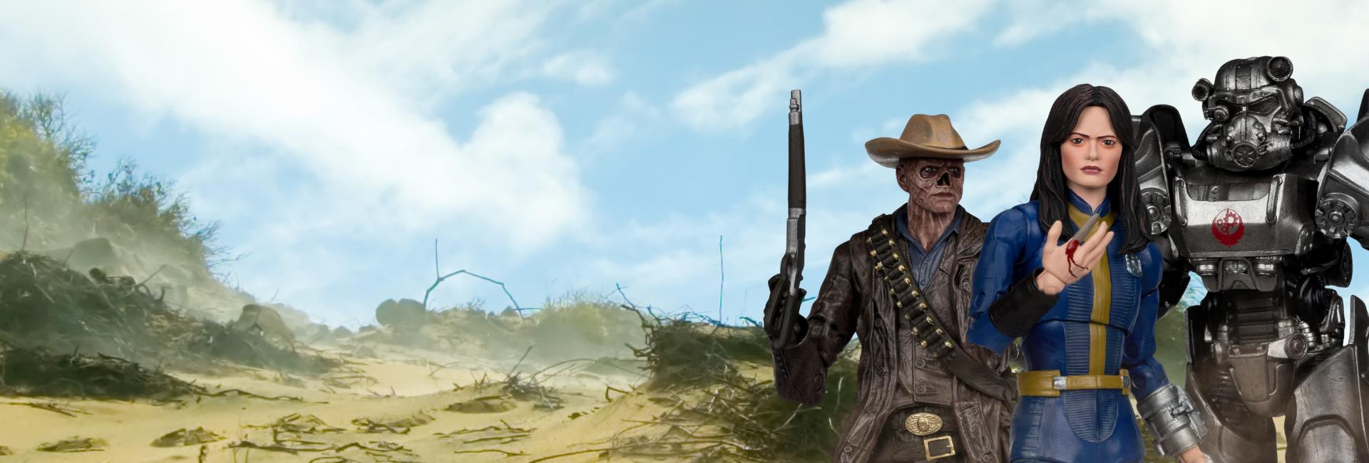 {"default":"Wasteland scene with three McFarlane Fallout action figures including The Ghoul, Lucy and Maximus"}
