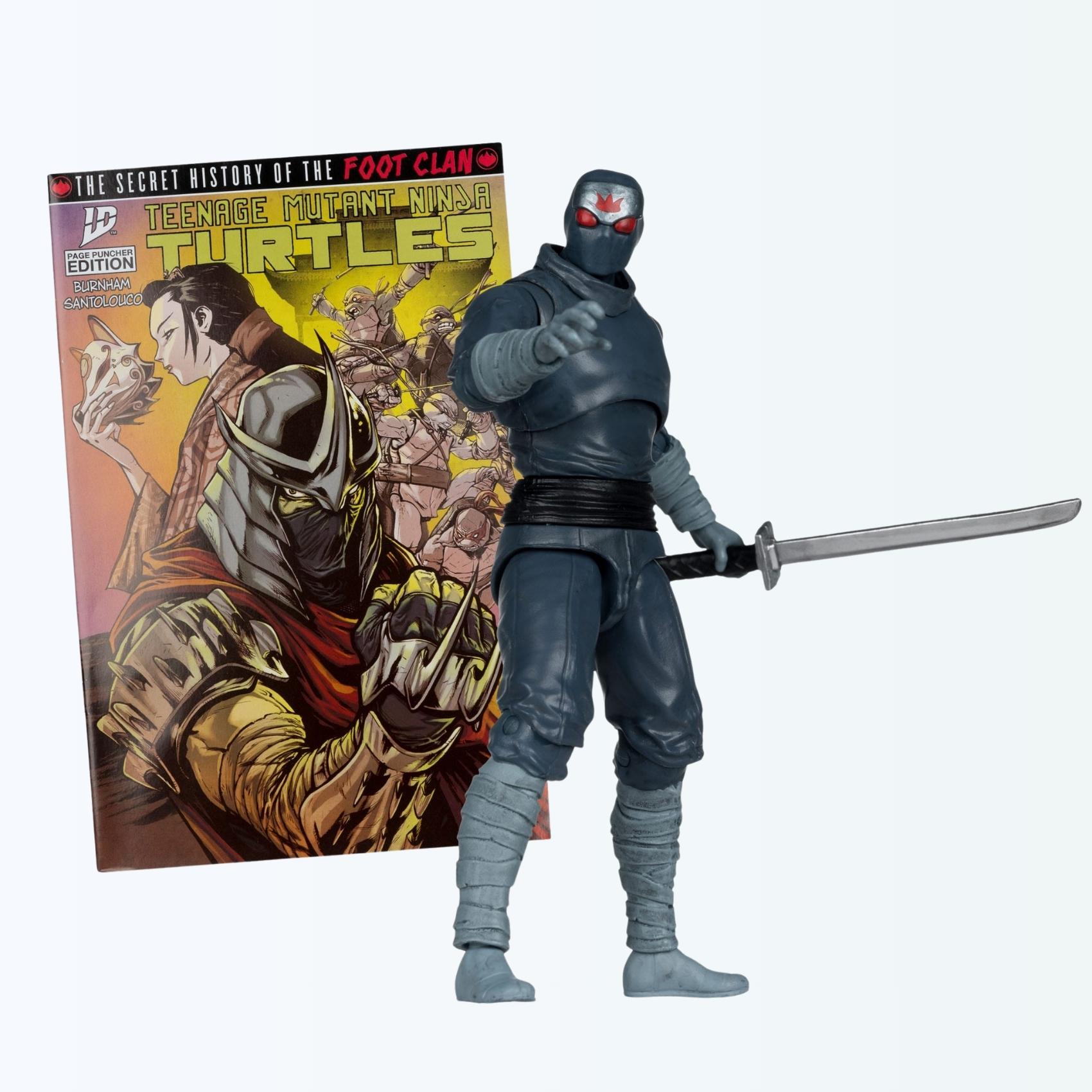 Front-angle shot of Foot Soldier action figure posed with katana in front of Secret History of the Foot Clan comic