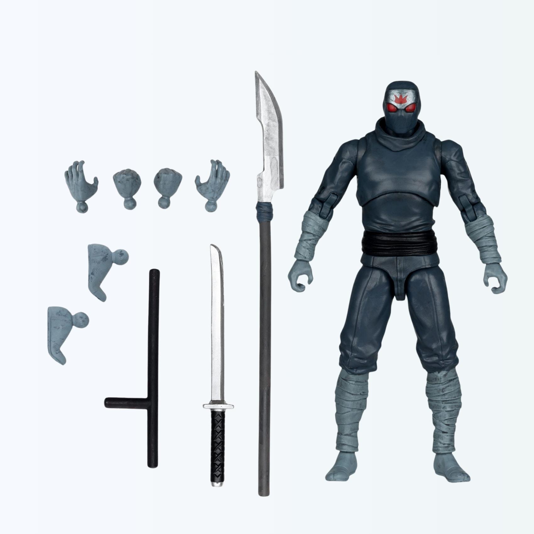 Accessories laid out with Foot Soldier action figure including naginata, katana, tonfa, alternate hands and feet