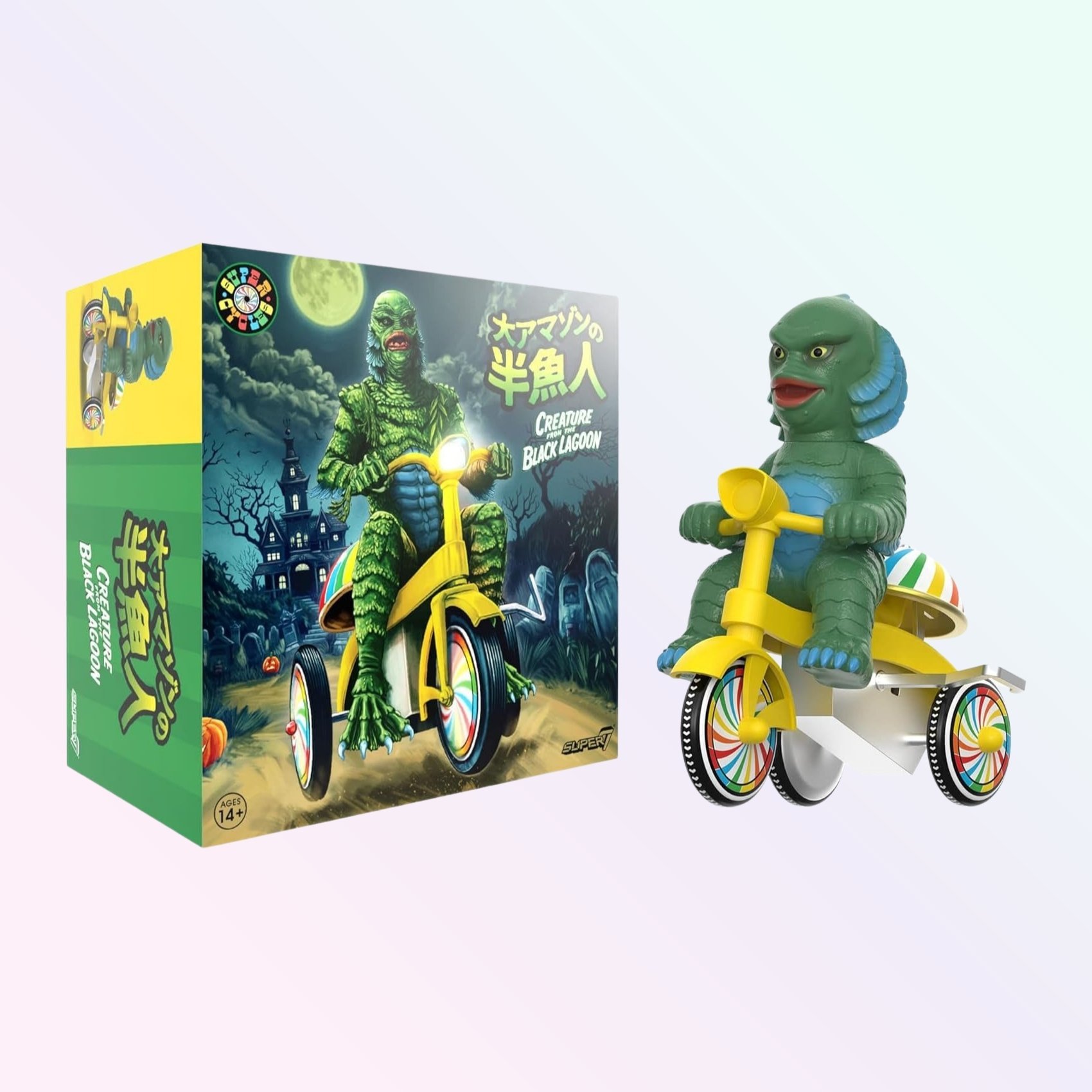 Box and angled view of Creature from the Black Lagoon figure with rainbow wheel hubs