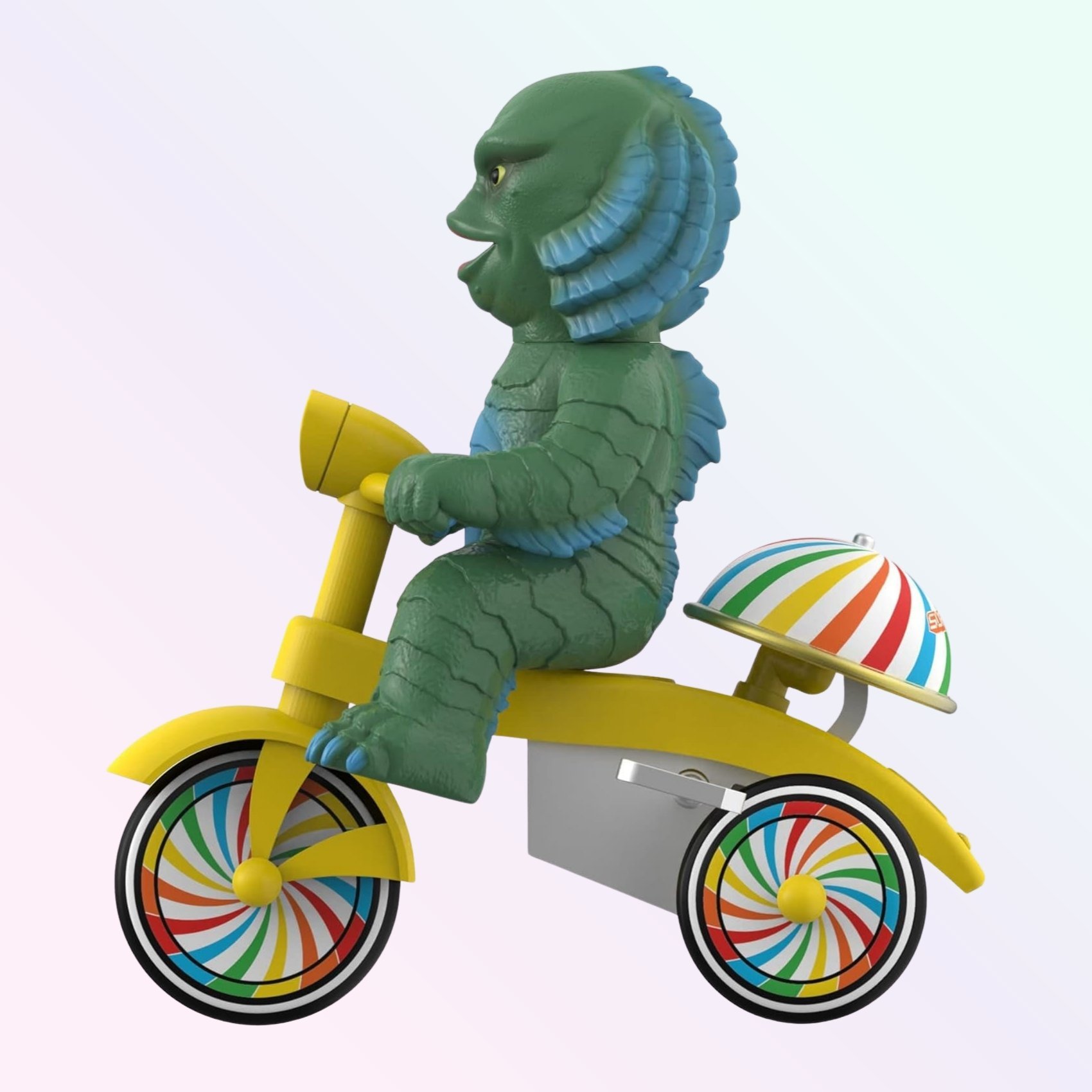 Side profile of Creature from the Black Lagoon figure showing rainbow bell and wheel hubs