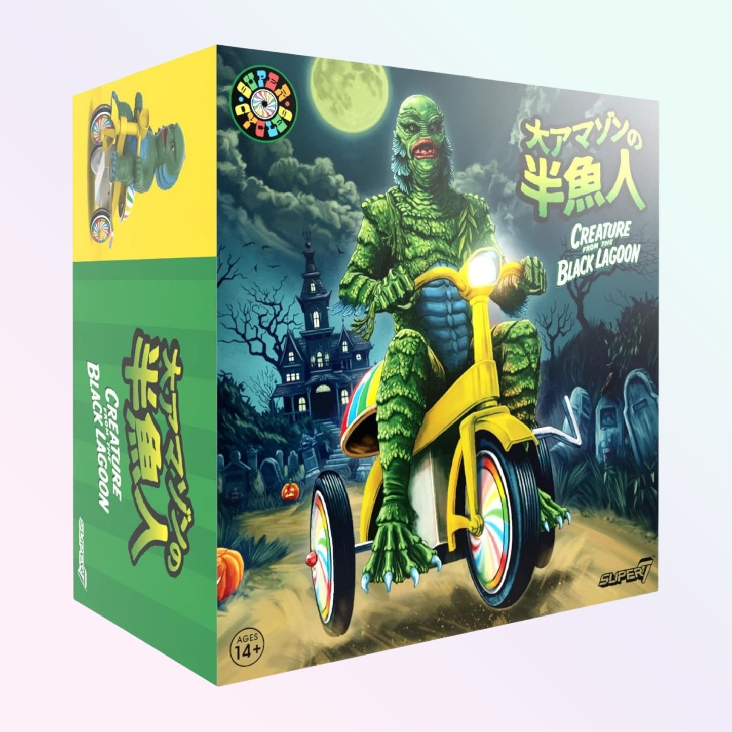 Japanese inspired display box artwork featuring Creature from the Black Lagoon riding trike under full moon