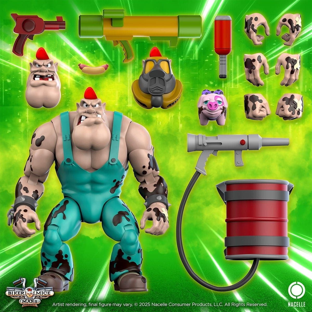Greasepit action figure with interchangeable heads, hands, piggy bank and oil barrel grease gun