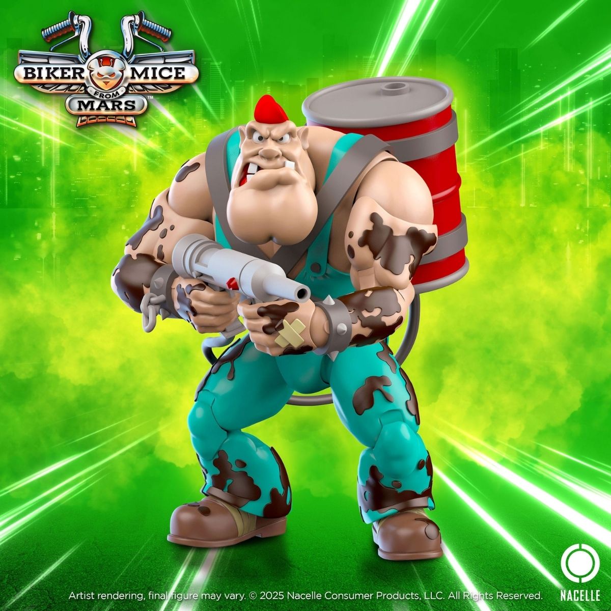 Greasepit action figure holding his oil barrel grease gun from Biker Mice From Mars