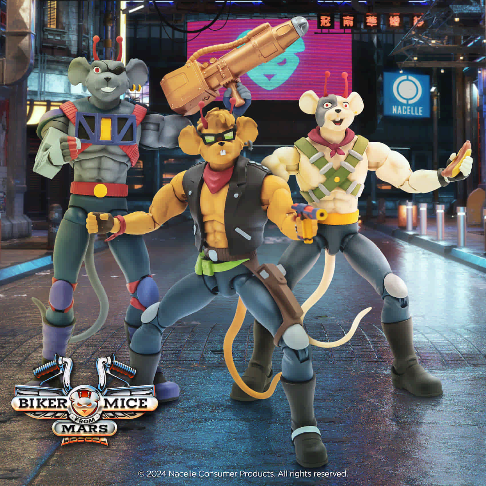 Nacelle Biker Mice From Mars Wave 1 action figures: Modo, Throttle, and Vinnie set against a nighttime city background