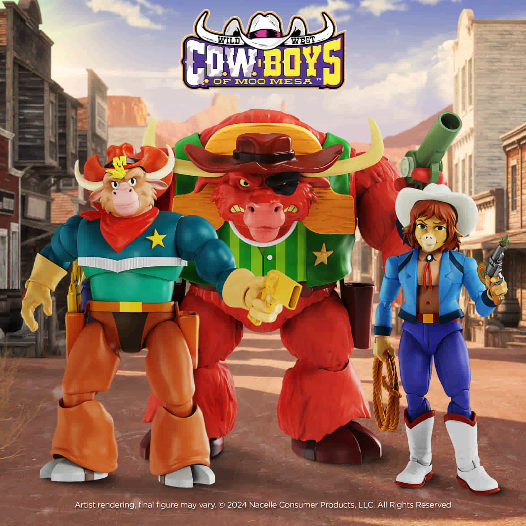 Nacelle C.O.W.-Boys of Moo Mesa Wave 1 action figures: Marshal Moo Montana, Cowlamity Kate, and Sheriff Terrorbull set against a wild west background