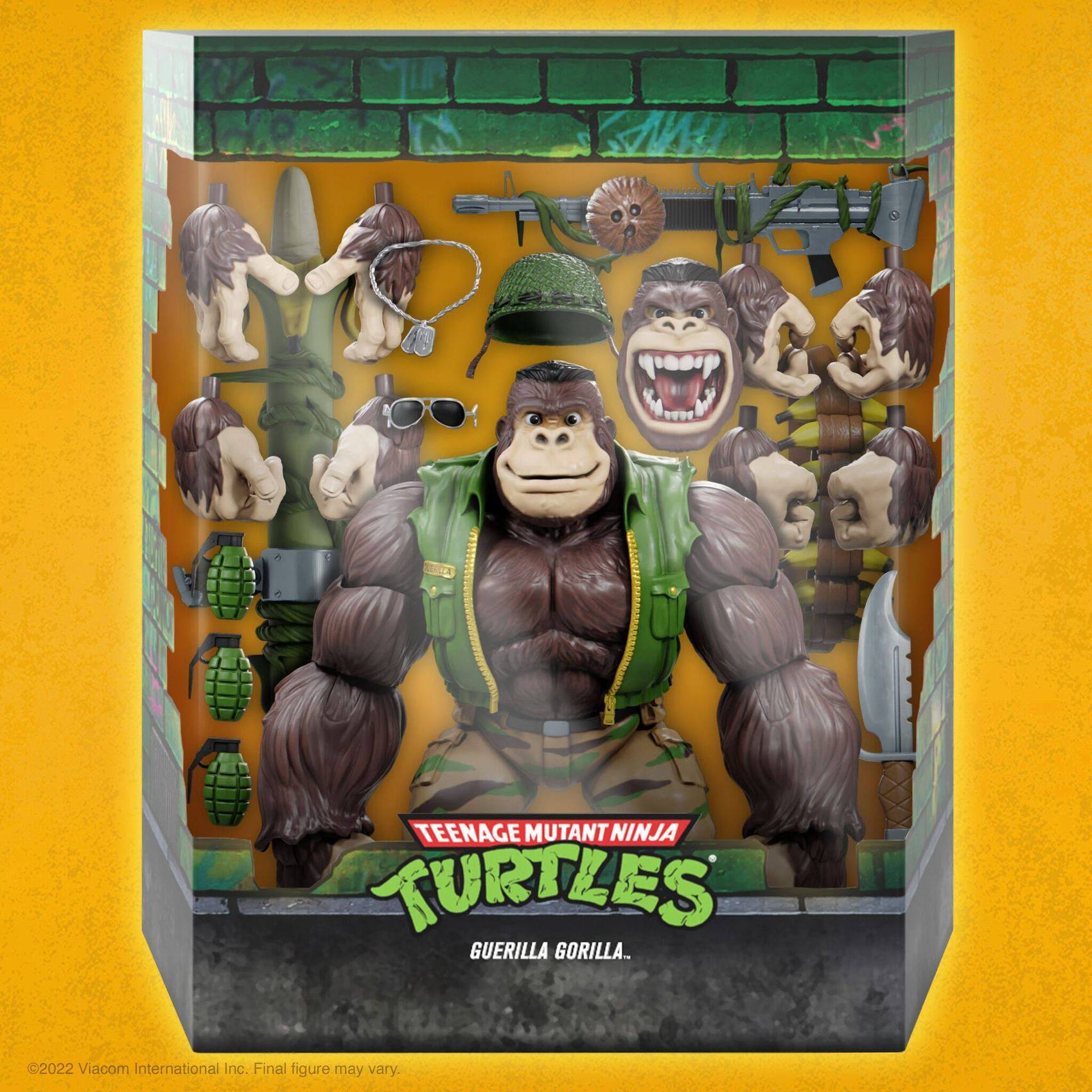 Front window box shot of Guerilla Gorilla action figure with accessories in view and bold yellow background