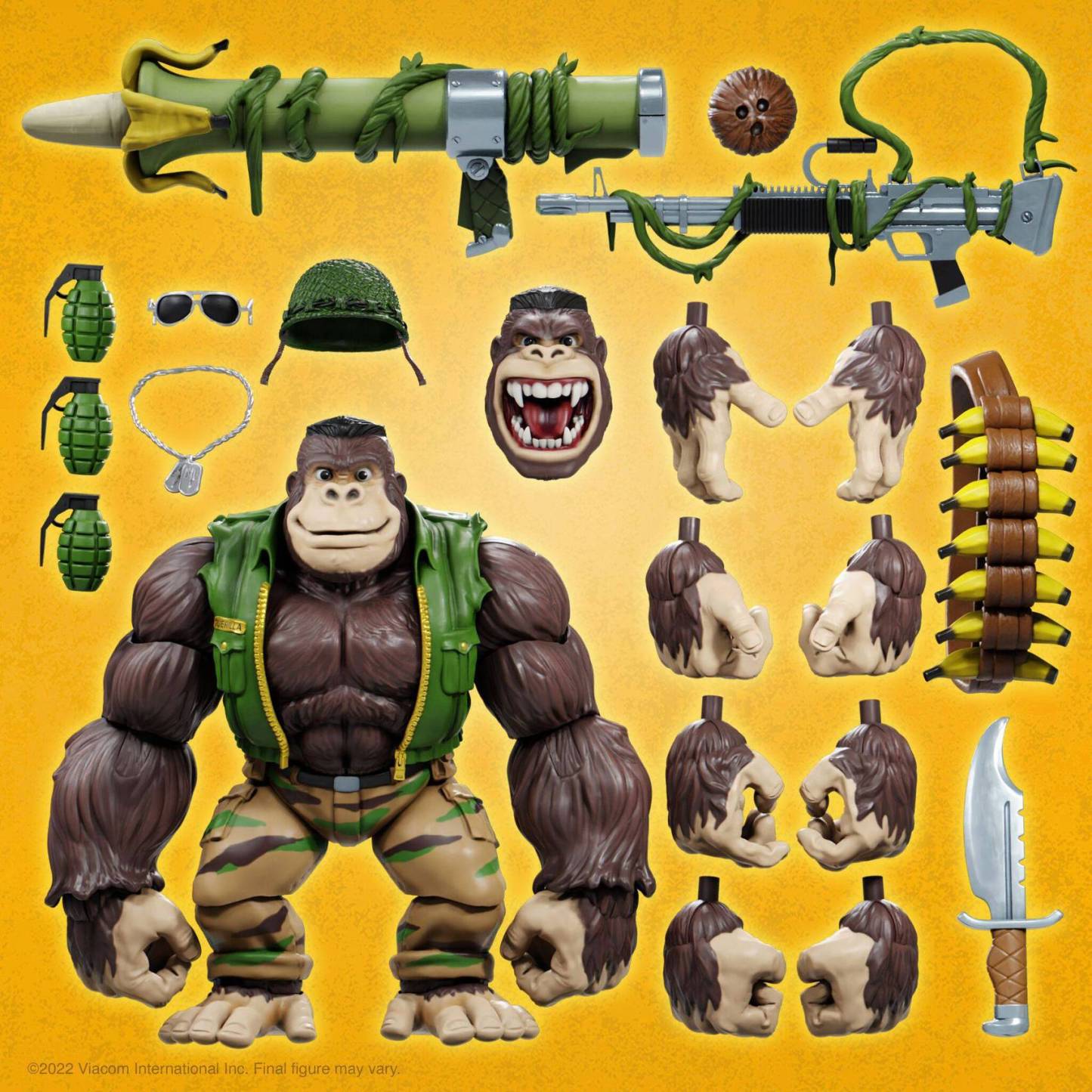 Guerilla Gorilla action figure with all accessories laid out including alternate hands, banana bazooka, rifle and machete