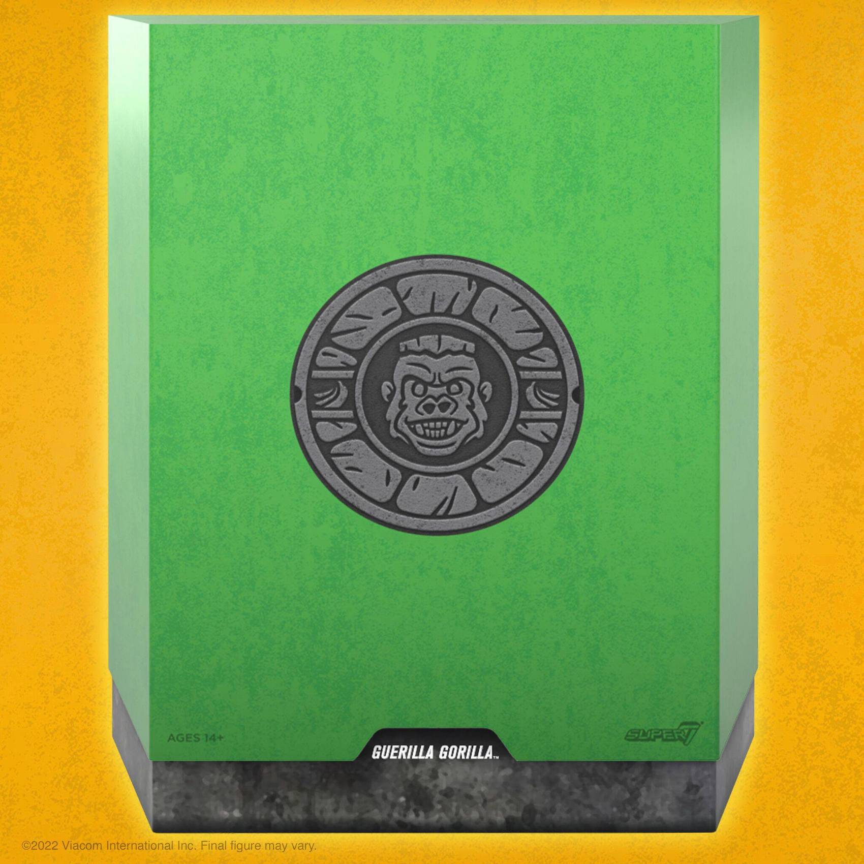 Front shot of green Guerilla Gorilla slipcase with embossed gorilla emblem and yellow background