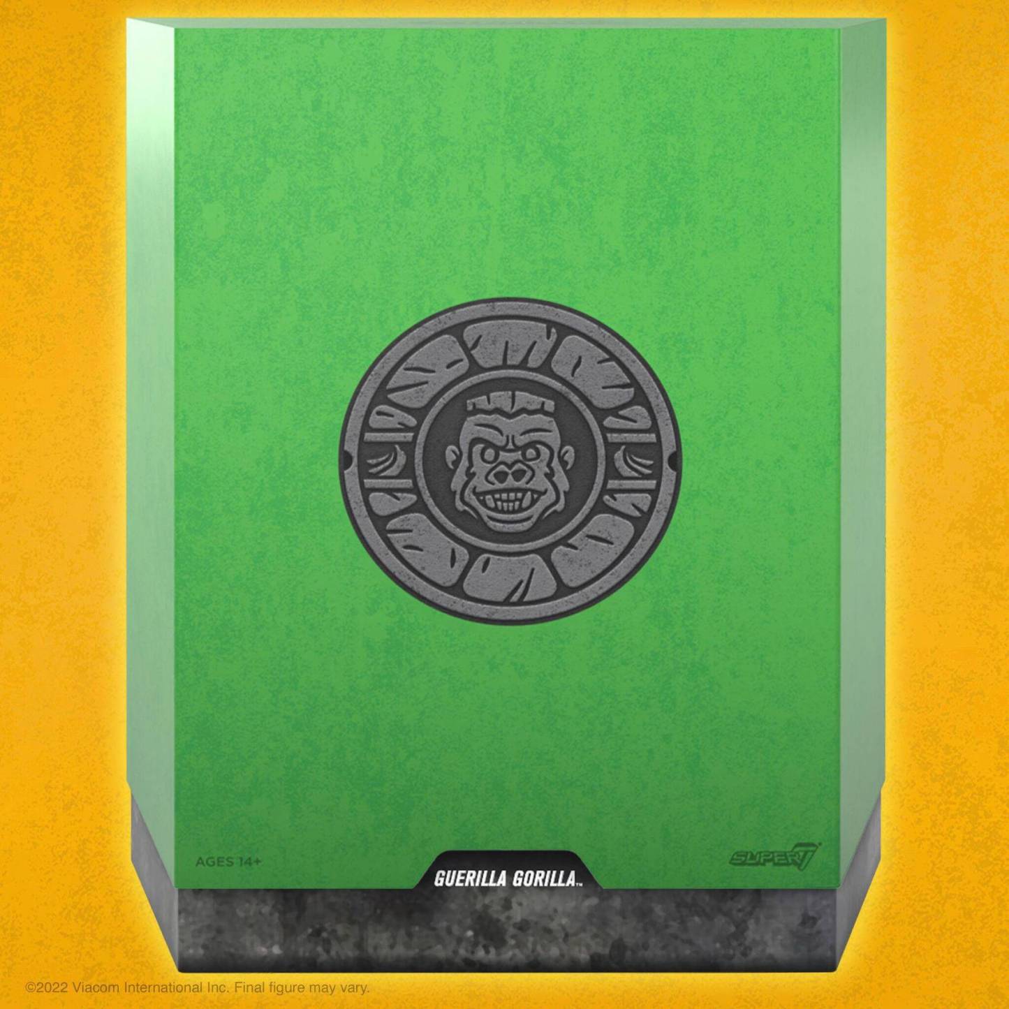 Front shot of green Guerilla Gorilla slipcase with embossed gorilla emblem and yellow background