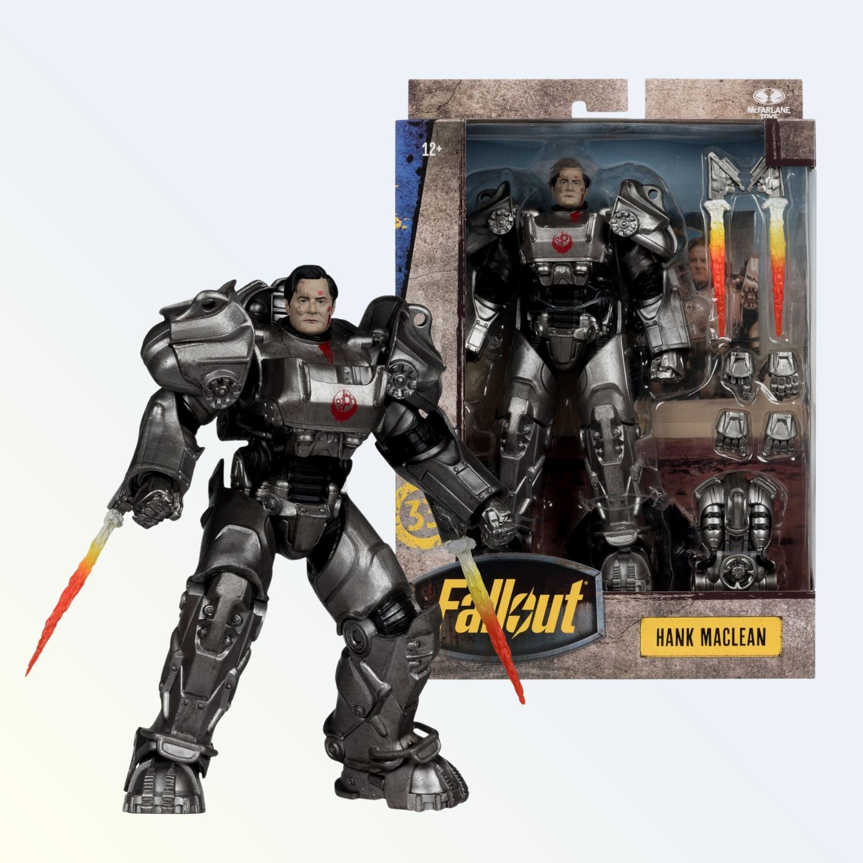 Front pose of Hank MacLean action figure in Brotherhood T-60 armour with jet blast effects and packaging behind