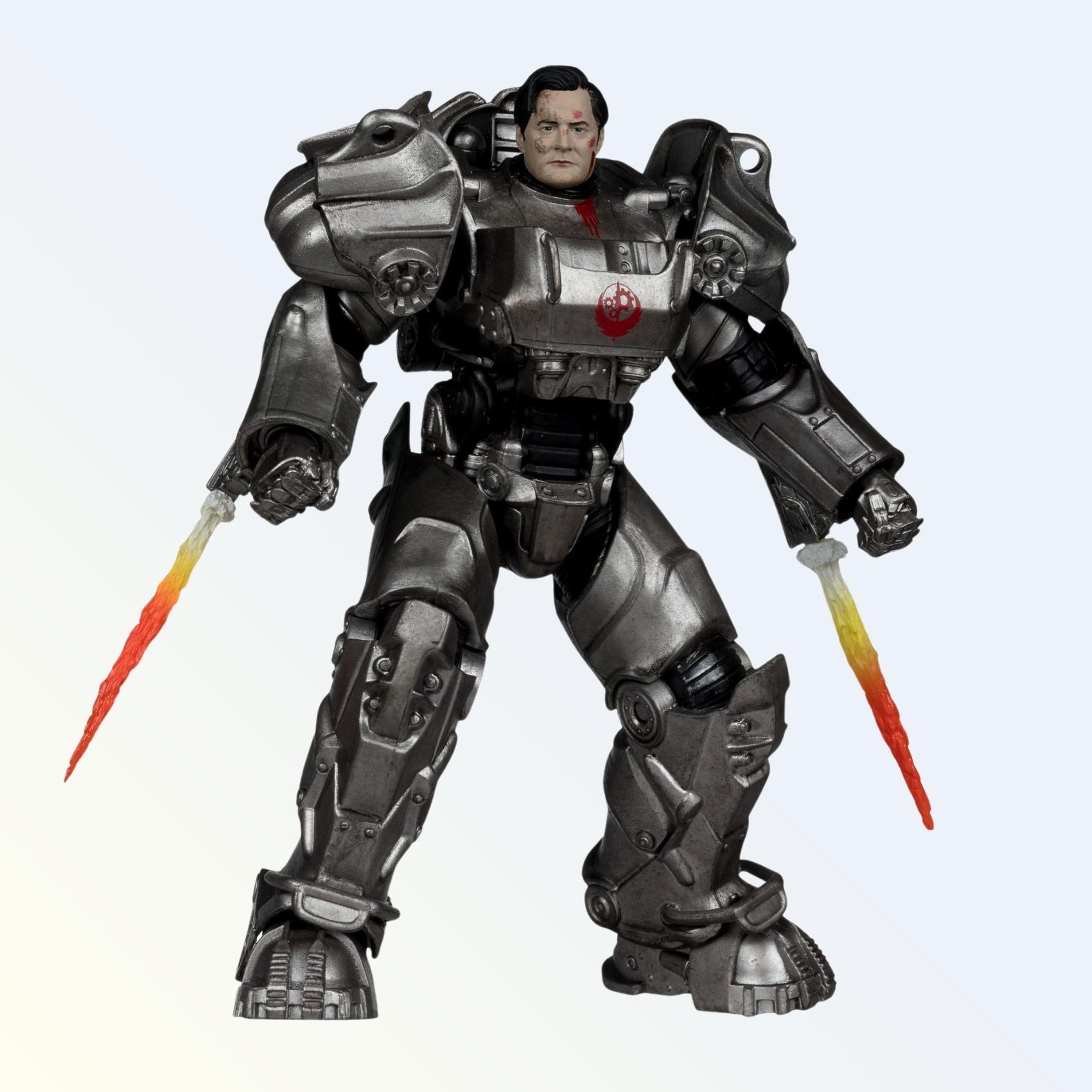 Action pose of Hank MacLean action figure firing twin jet blast effects from Brotherhood T-60 armour