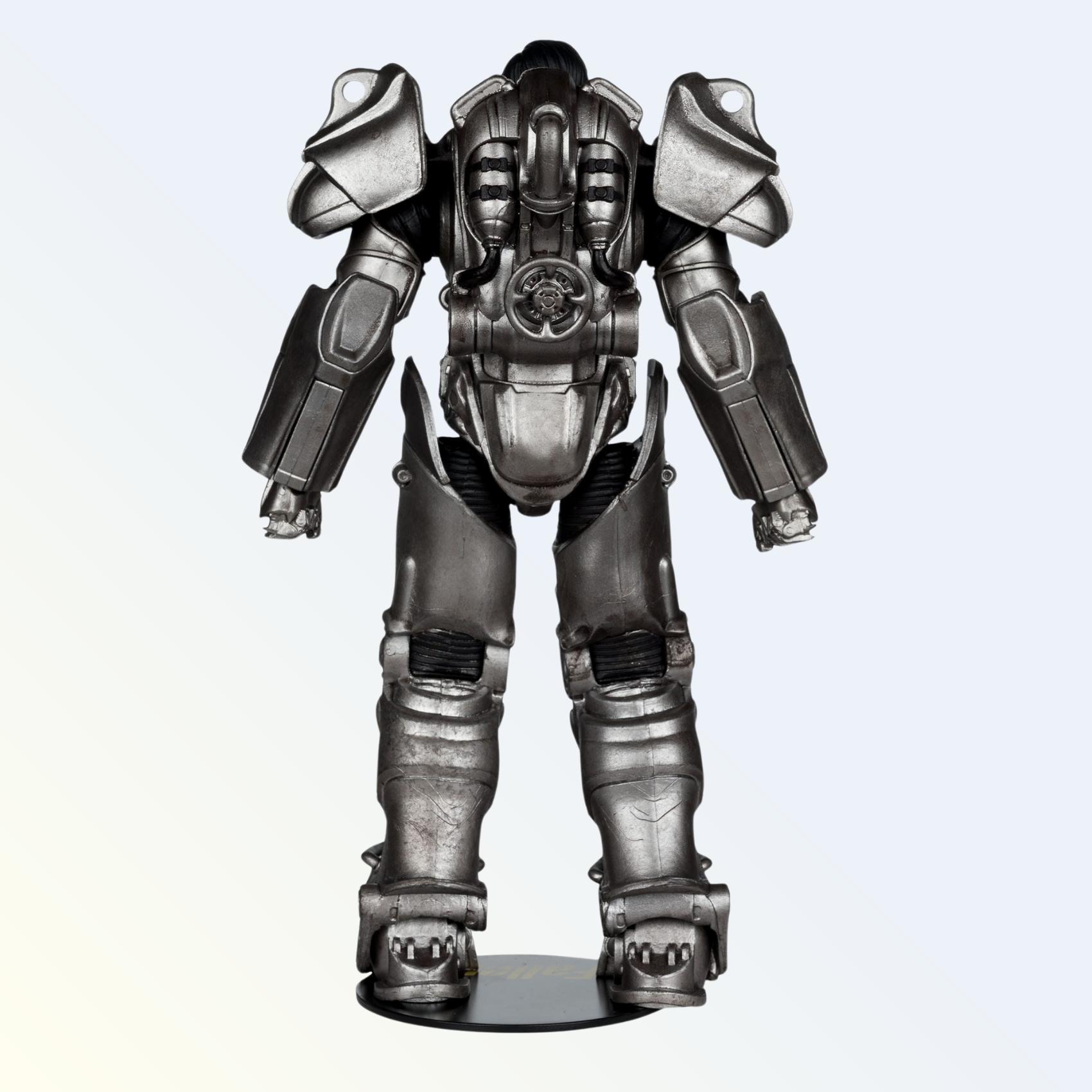 Back view of the Fallout Hank MacLean action figure showing T-60 armour suit details