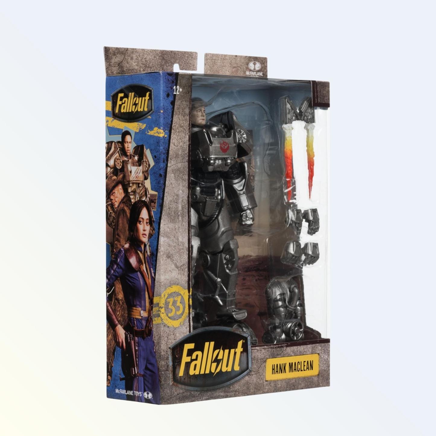 Window box packaging of Hank MacLean action figure in Brotherhood T-60 armour and accessories visible