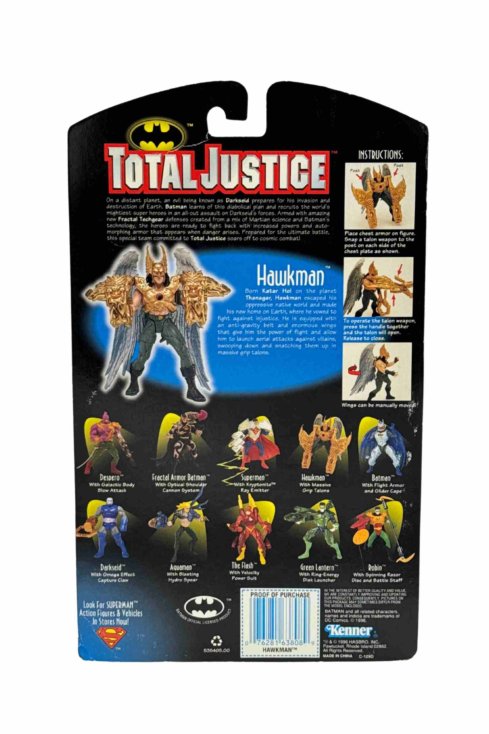Total Justice Hawkman 1996 Kenner action figure card back with character bio and full figure lineup display