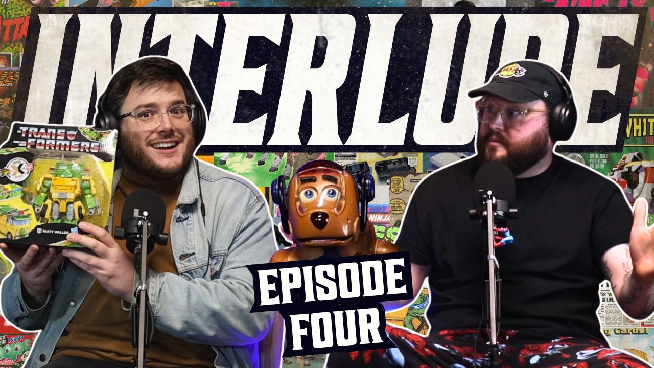 Interlude podcast episode four thumbnail showing two hosts recording with microphones alongside Rocket the robot dog and a Transformers toy