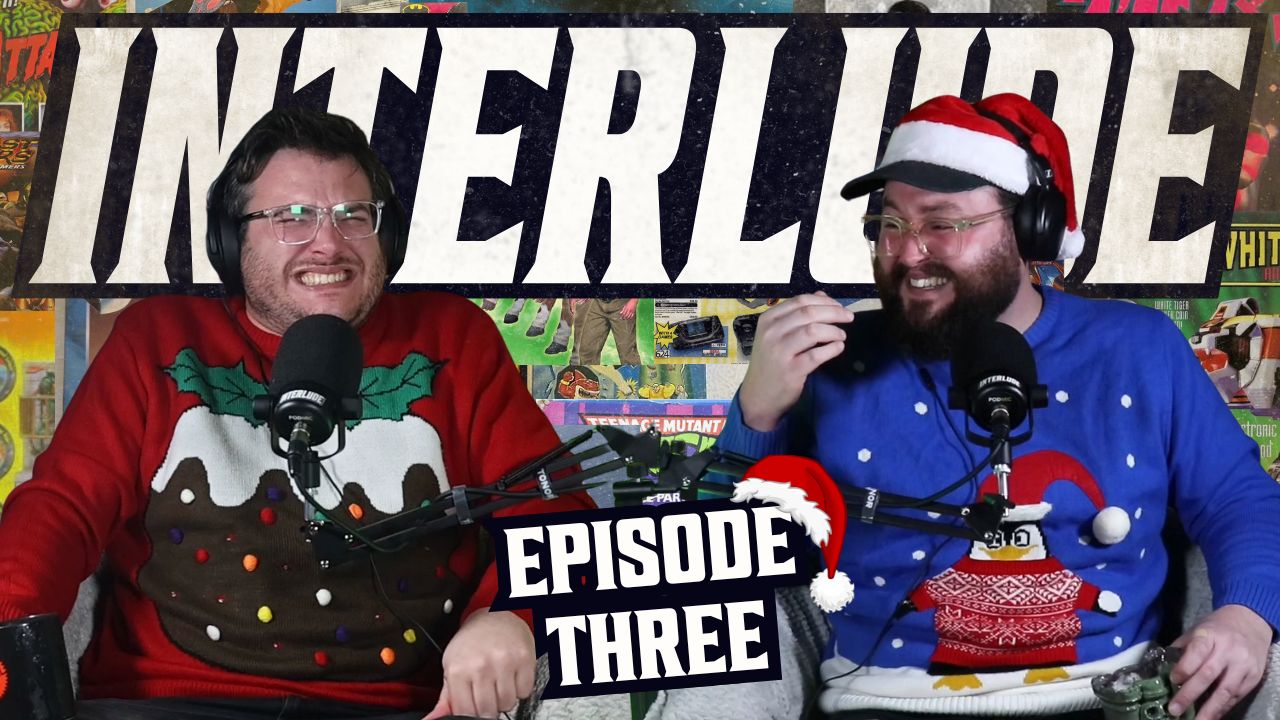 Interlude podcast episode three thumbnail showing two hosts in festive Christmas jumpers and Santa hats laughing into microphones