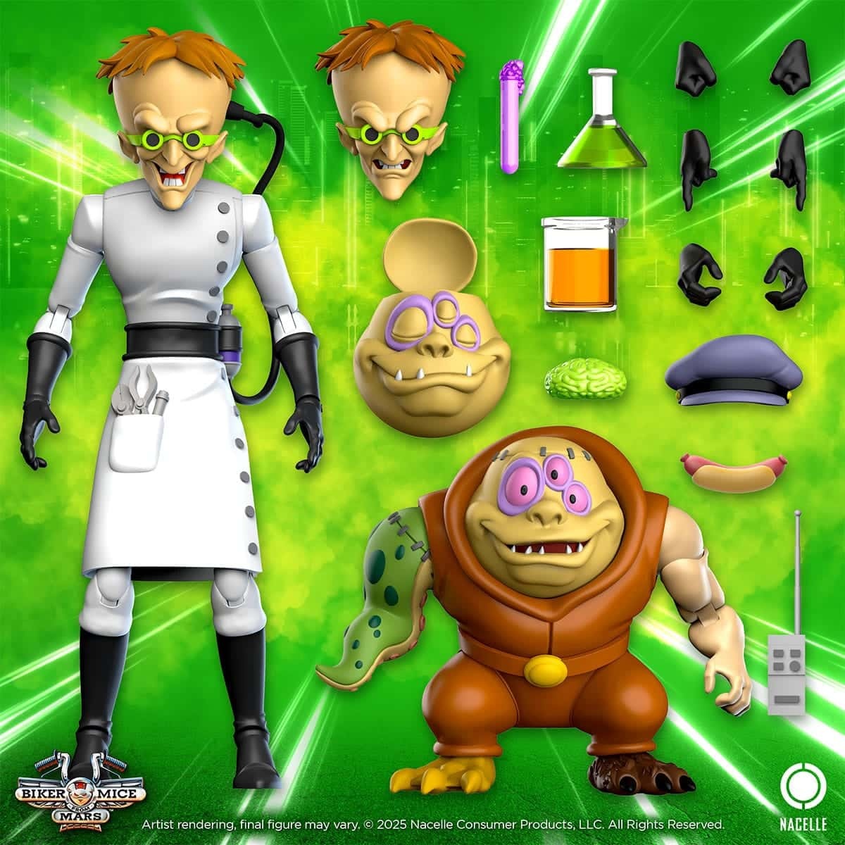 Dr Karbunkle and Fred the Mutant action figure accessories including interchangeable heads, hands, lab equipment and remote control on a green background