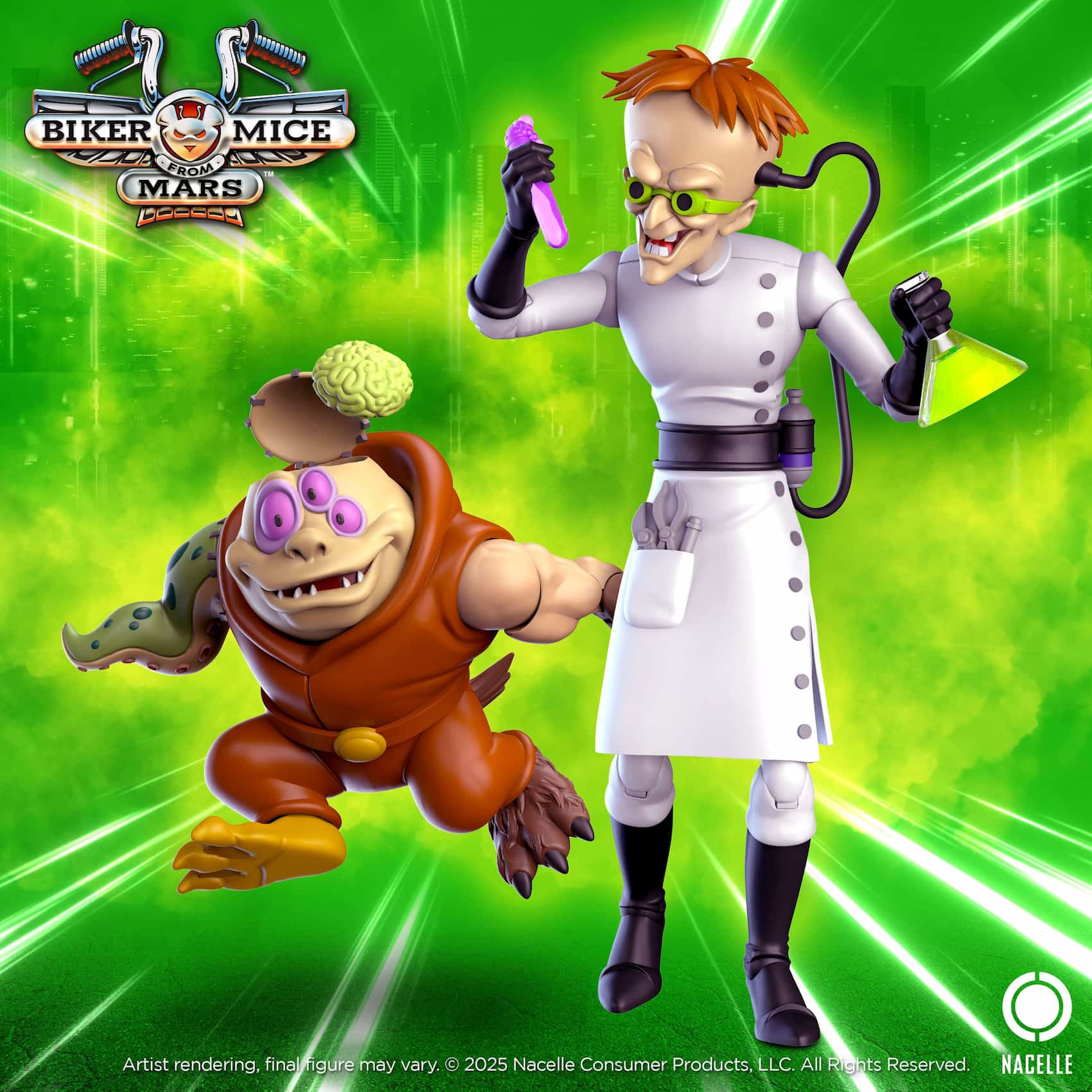 Dr Karbunkle and Fred the Mutant action figures posed together with lab equipment accessories on a green background