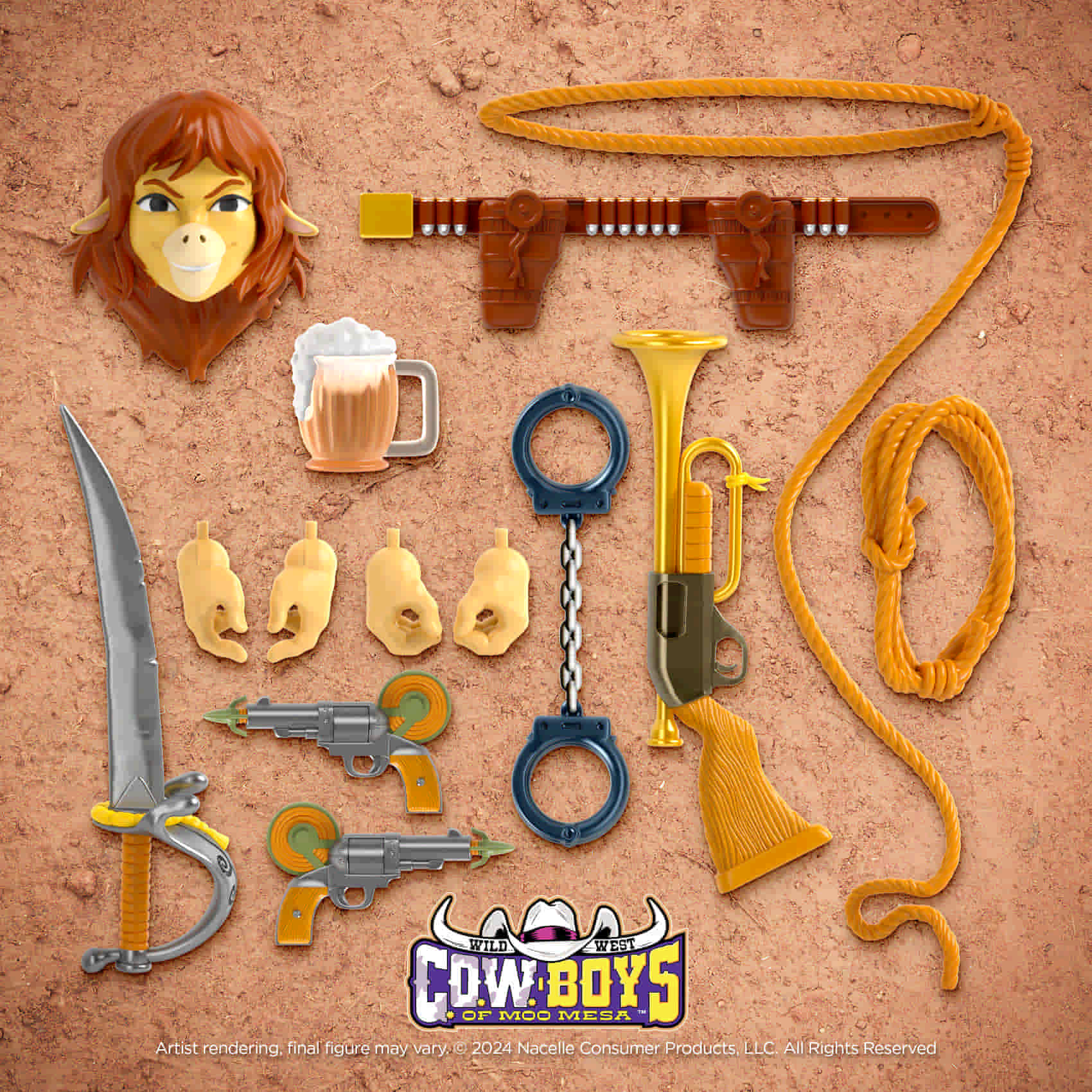 Accessories included with the Nacelle C.O.W.-Boys of Moo Mesa Wave 1 Cowlamity Kate action figure