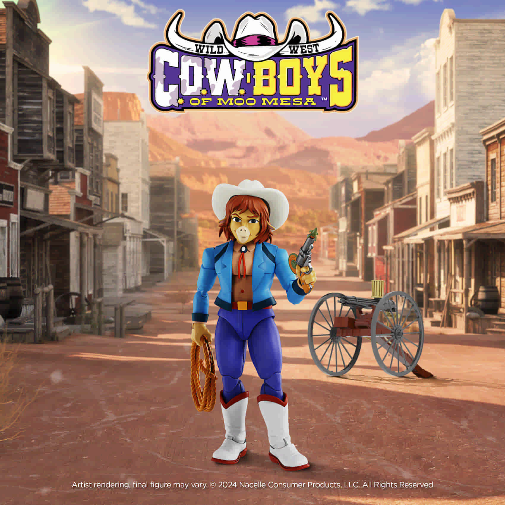 Nacelle C.O.W.-Boys of Moo Mesa Wave 1 Cowlamity Kate 7-inch action figure set against a wild west background