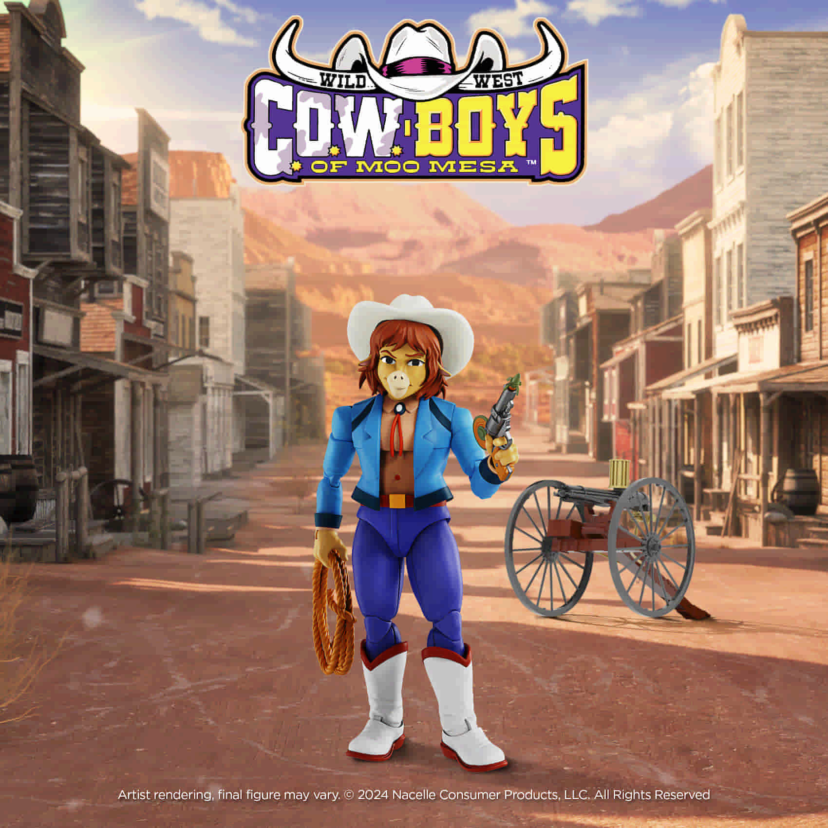 Nacelle C.O.W.-Boys of Moo Mesa Wave 1 Cowlamity Kate 7-inch action figure set against a wild west background