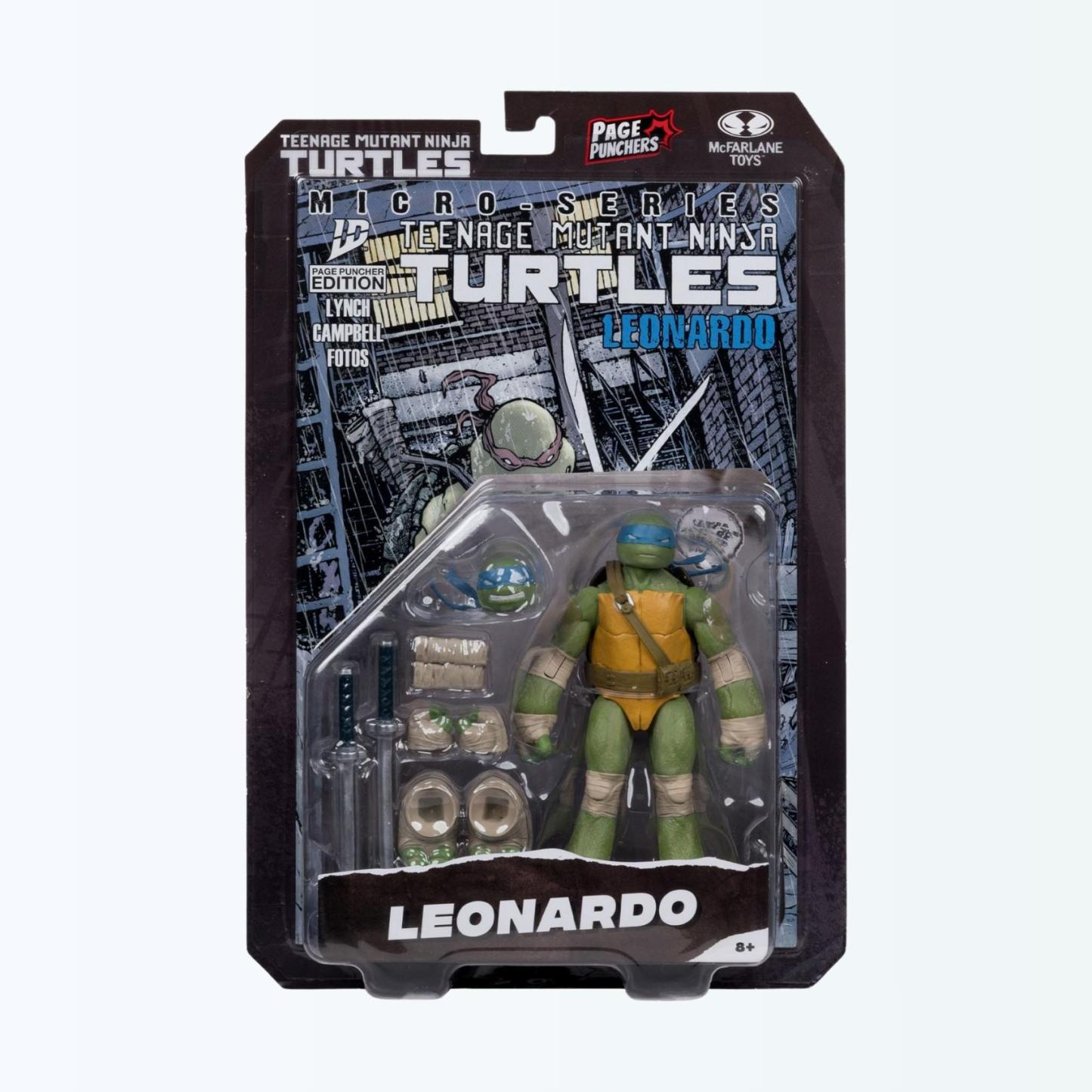 Packaged shot of TMNT Leonardo action figure with accessories and comic in blister card